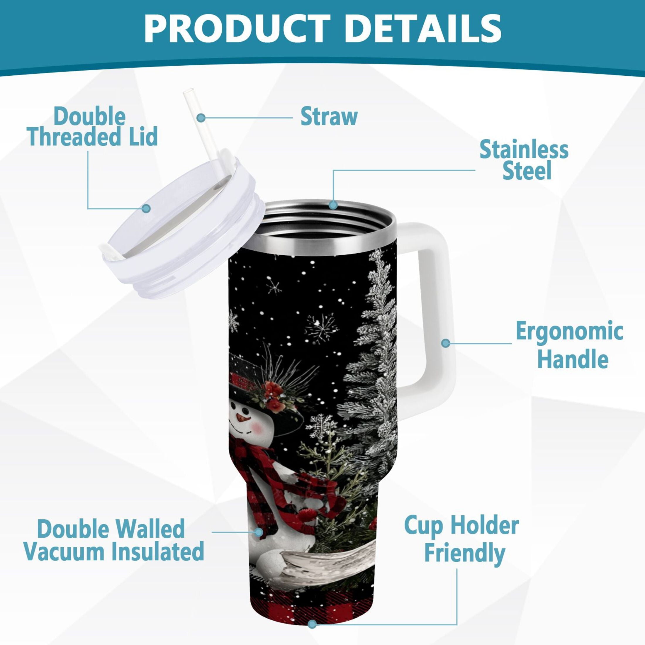 30 oz Insulated Stainless Steel Tumbler Double Wall Stainless Steel Tumbler with 2-Way Drinking Christmas Snowman JCA1
