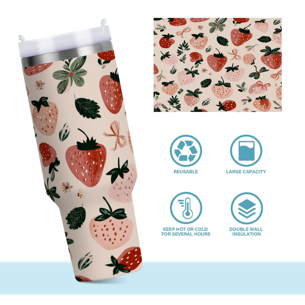 30 oz Insulated Stainless Steel Tumbler Double Wall Stainless Steel Tumbler with 2-Way Drinking Cute Pinks Strawberries PV8B