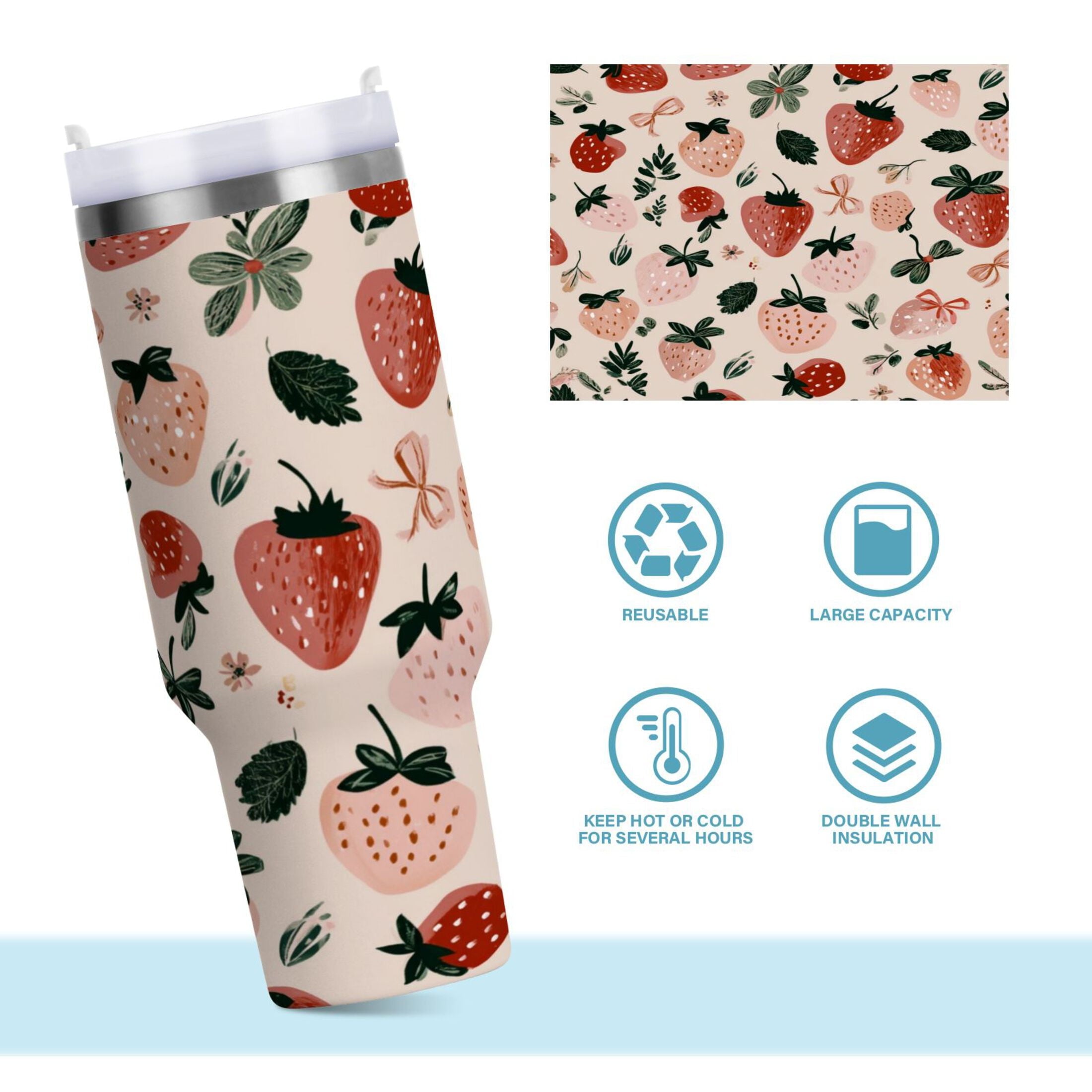 30 oz Insulated Stainless Steel Tumbler Double Wall Stainless Steel Tumbler with 2-Way Drinking Cute Pinks Strawberries PV8B