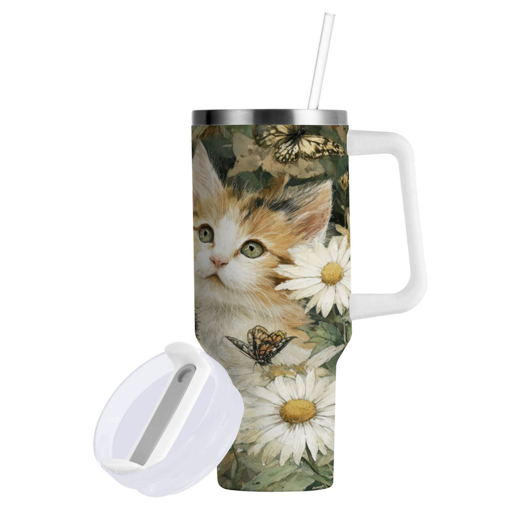 30 oz Insulated Stainless Steel Tumbler Double Wall Stainless Steel Tumbler with 2-Way Drinking Adorable Cats and Daisies 43FB