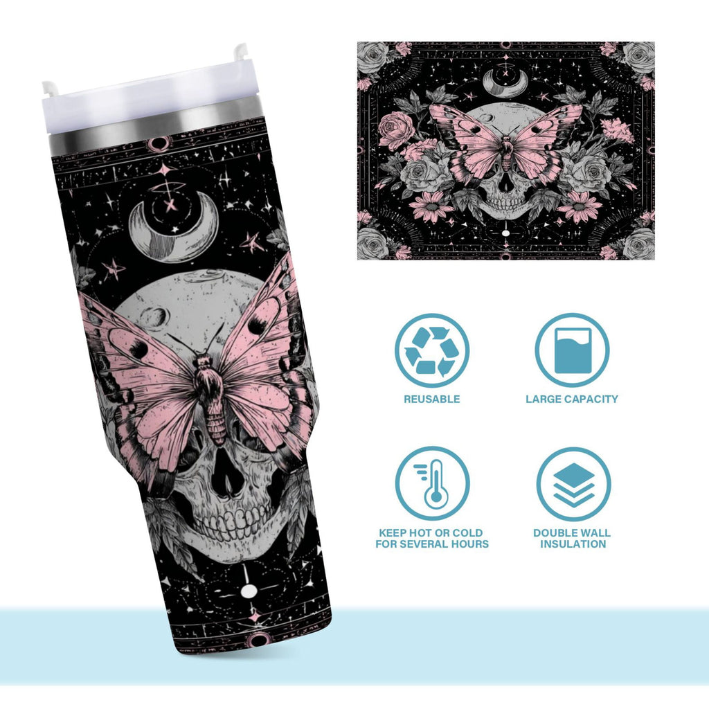 30 oz Insulated Stainless Steel Tumbler Double Wall Stainless Steel Tumbler with 2-Way Drinking Butterfly by Moon and Flowers 8DPL