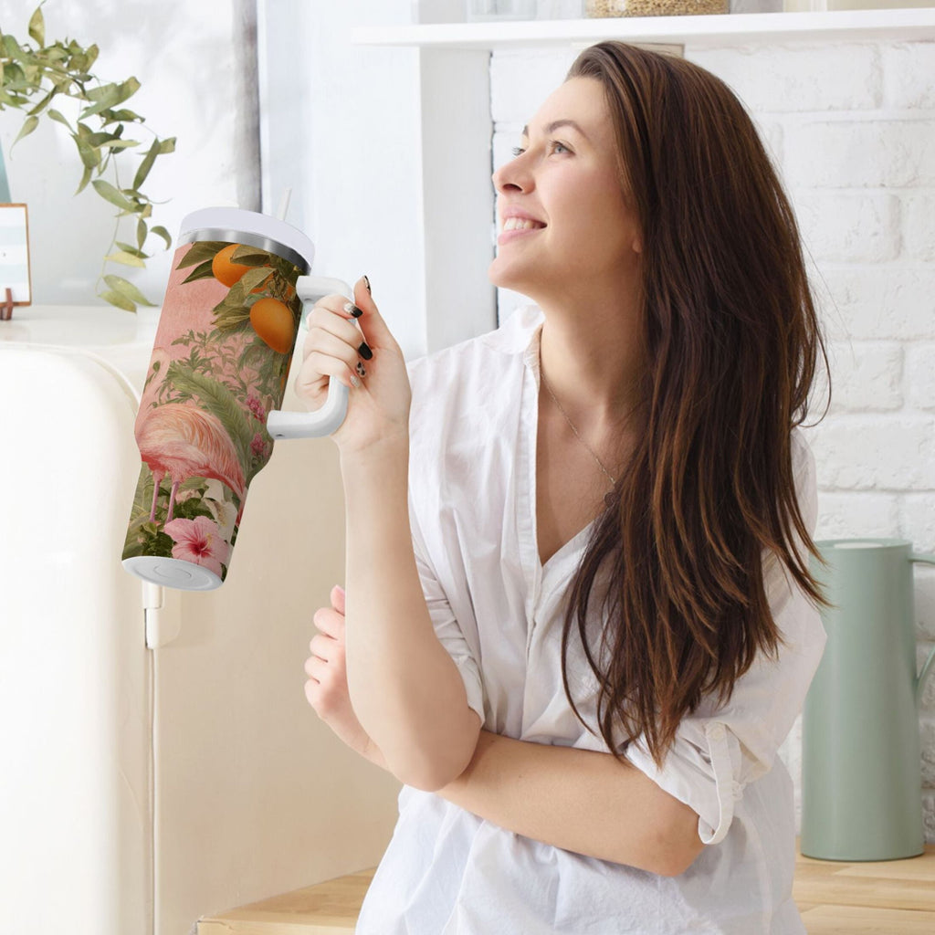 40 oz Insulated Stainless Steel Tumbler Double Wall Stainless Steel Tumbler with 2-Way Drinking Flamingos in Tropical Garden EDBC