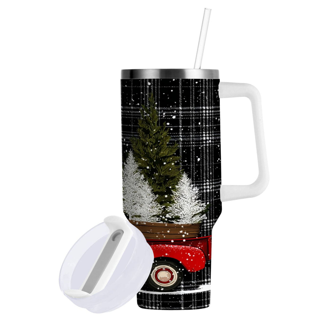 40 oz Insulated Stainless Steel Tumbler Double Wall Stainless Steel Tumbler with 2-Way Drinking Red Truck with Christmas Tree VV28
