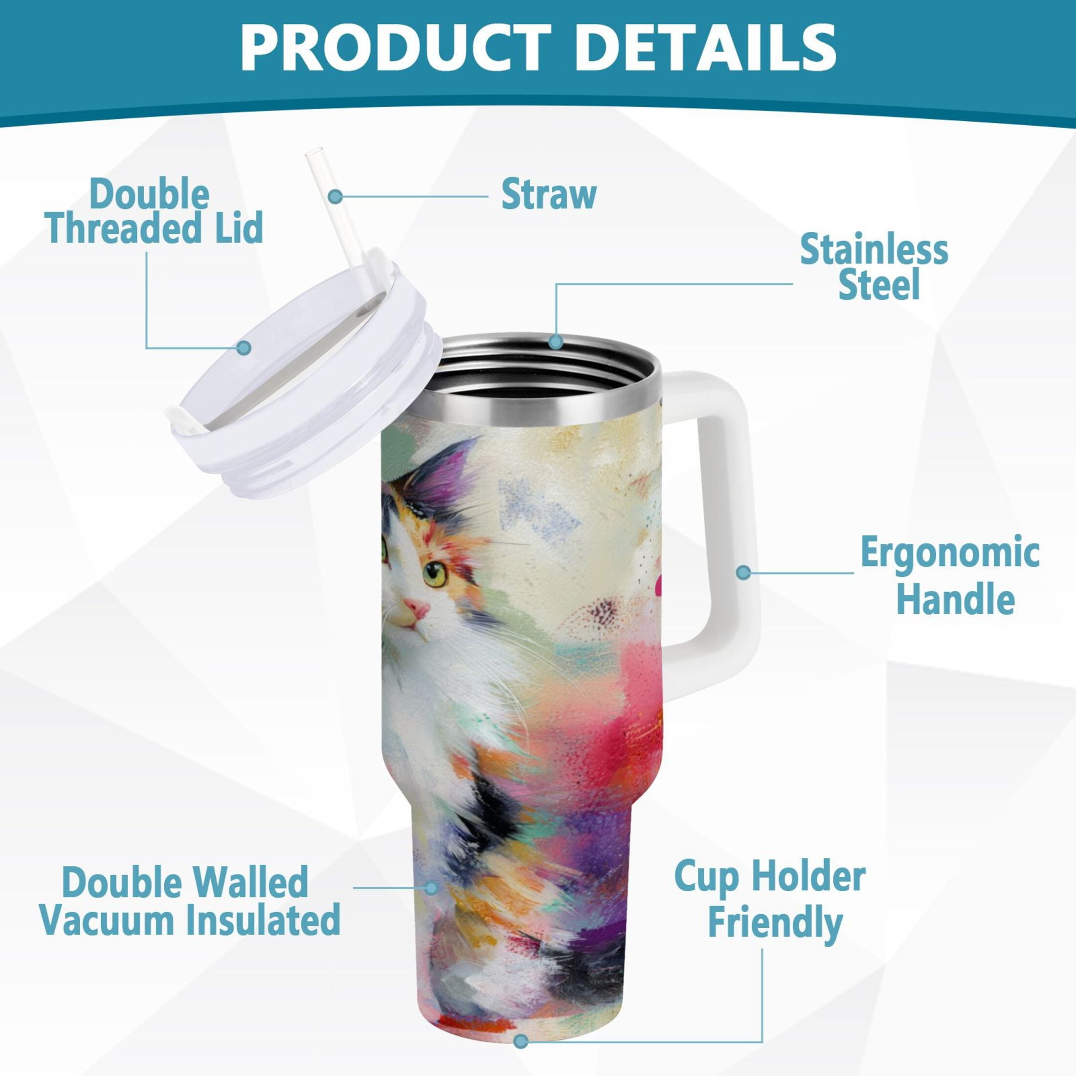 30 oz Insulated Stainless Steel Tumbler Double Wall Stainless Steel Tumbler with 2-Way Drinking Charming Hairy Cat BD42