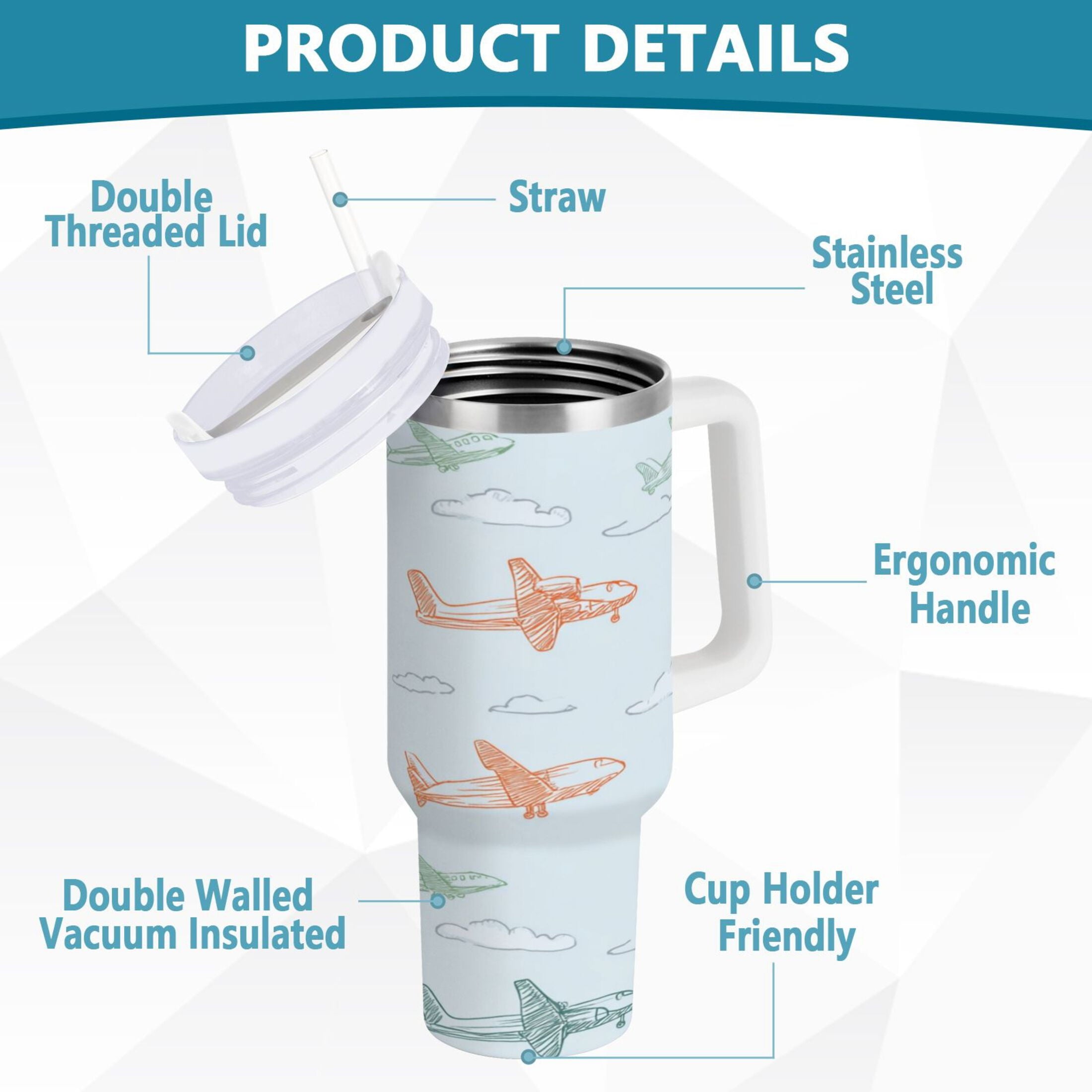 30 oz Insulated Stainless Steel Tumbler Double Wall Stainless Steel Tumbler with 2-Way Drinking Pastel Doodle Airplanes 1WDE