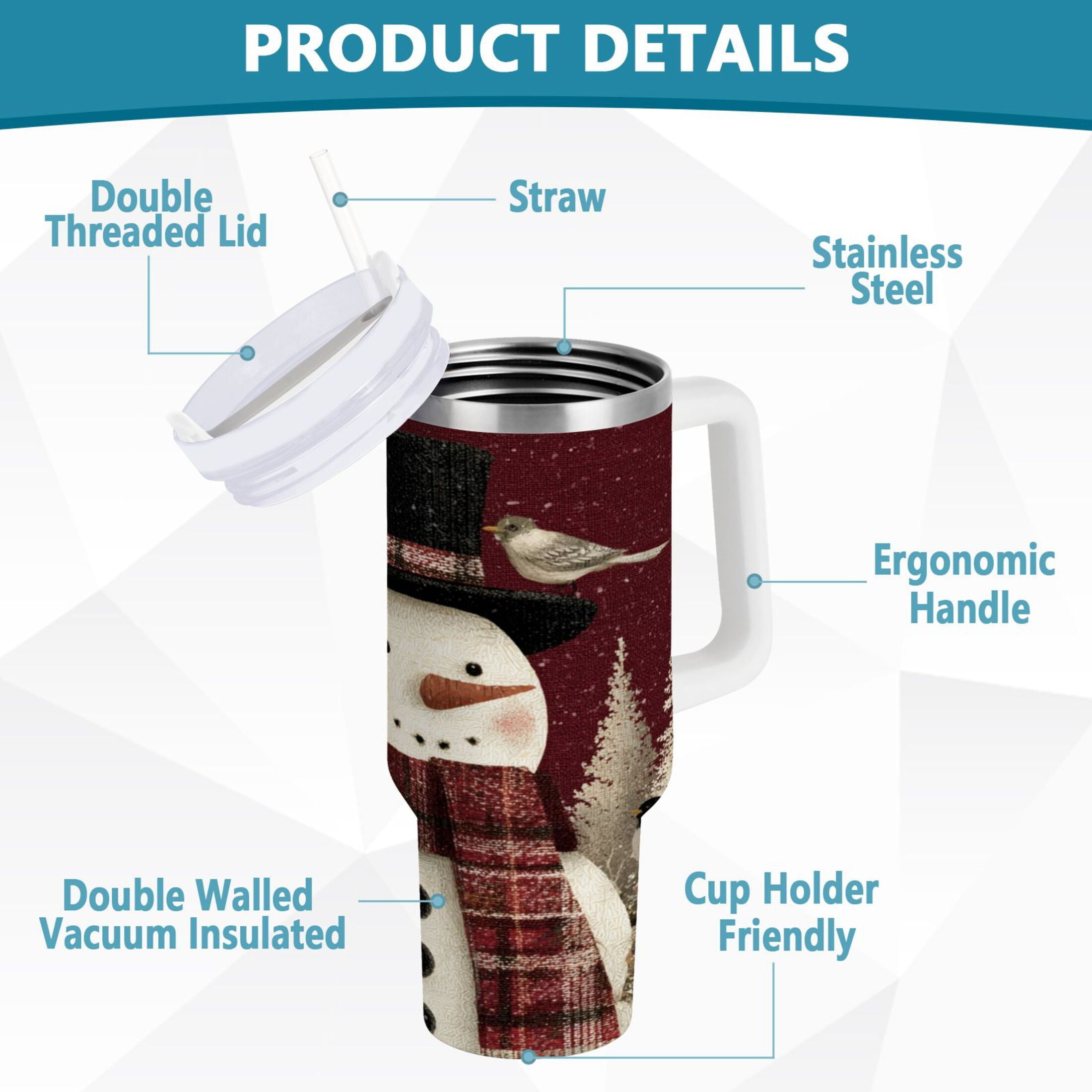 30 oz Insulated Stainless Steel Tumbler Double Wall Stainless Steel Tumbler with 2-Way Drinking Snowman and Birds FFWS
