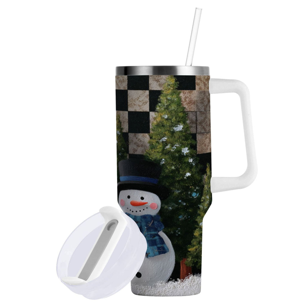 30 oz Insulated Stainless Steel Tumbler Double Wall Stainless Steel Tumbler with 2-Way Drinking Two Snowmen Pattern FL3I