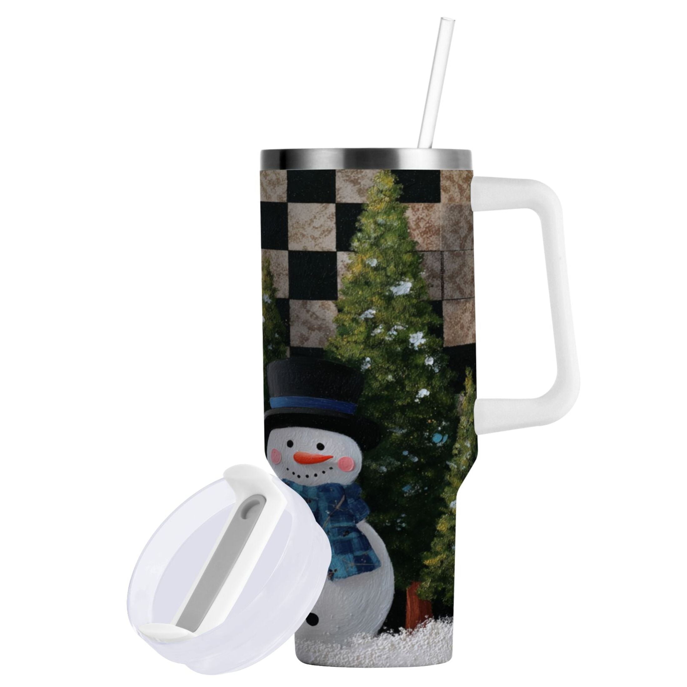 30 oz Insulated Stainless Steel Tumbler Double Wall Stainless Steel Tumbler with 2-Way Drinking Two Snowmen Pattern FL3I
