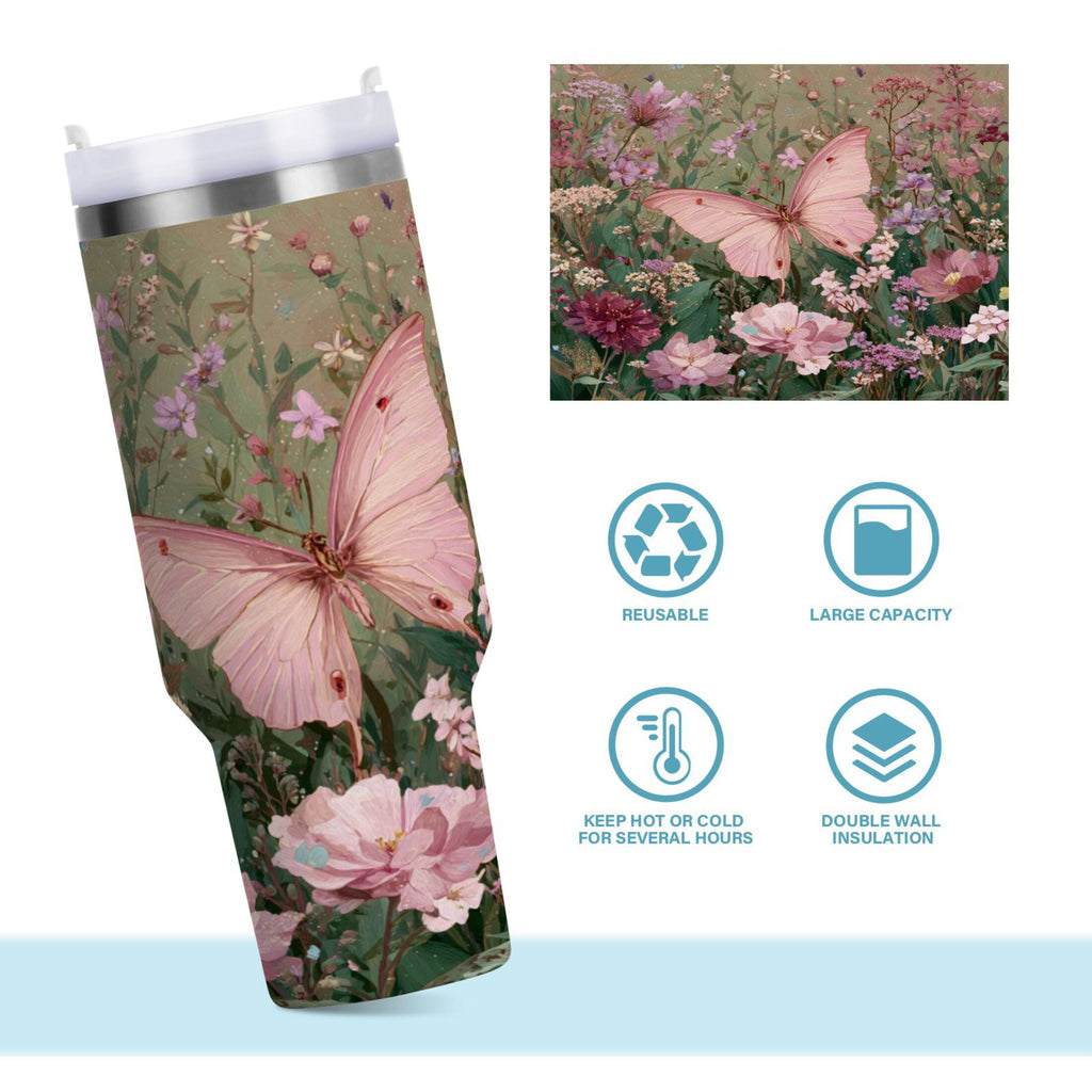30 oz Insulated Stainless Steel Tumbler Double Wall Stainless Steel Tumbler with 2-Way Drinking Delicate Butterfly EVT1