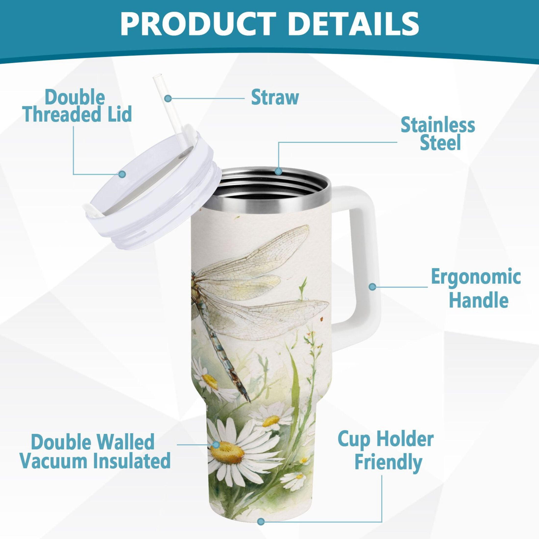 30 oz Insulated Stainless Steel Tumbler Double Wall Stainless Steel Tumbler with 2-Way Drinking Dragonflies with White Daisies B8DD