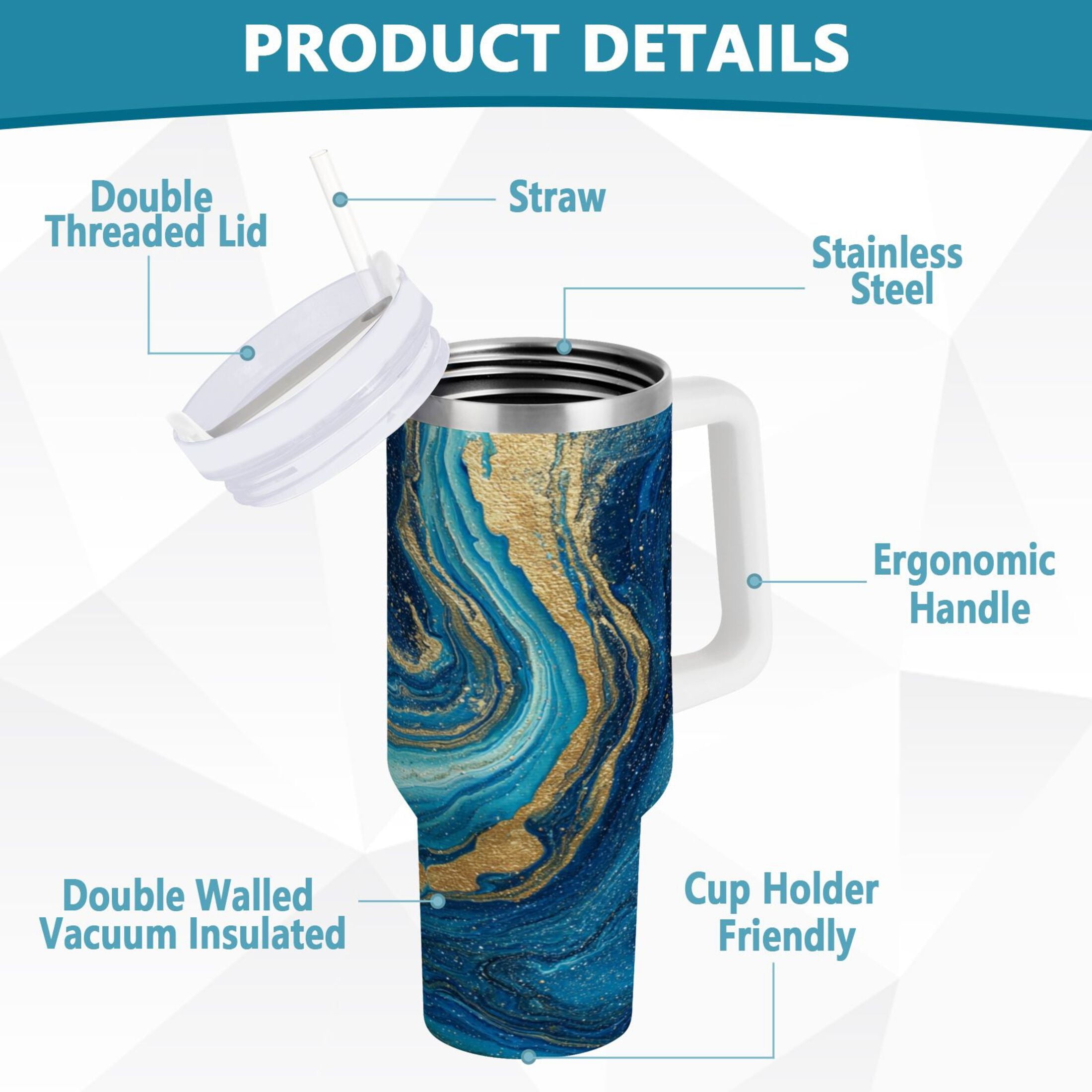 30 oz Insulated Stainless Steel Tumbler Double Wall Stainless Steel Tumbler with 2-Way Drinking Blue and Gold Ocean LNS9