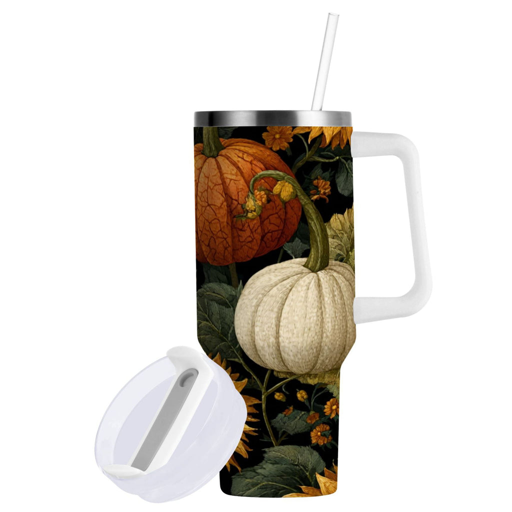 40 oz Insulated Stainless Steel Tumbler Double Wall Stainless Steel Tumbler with 2-Way Drinking Pumpkins and Sunflowers Pattern M2I1