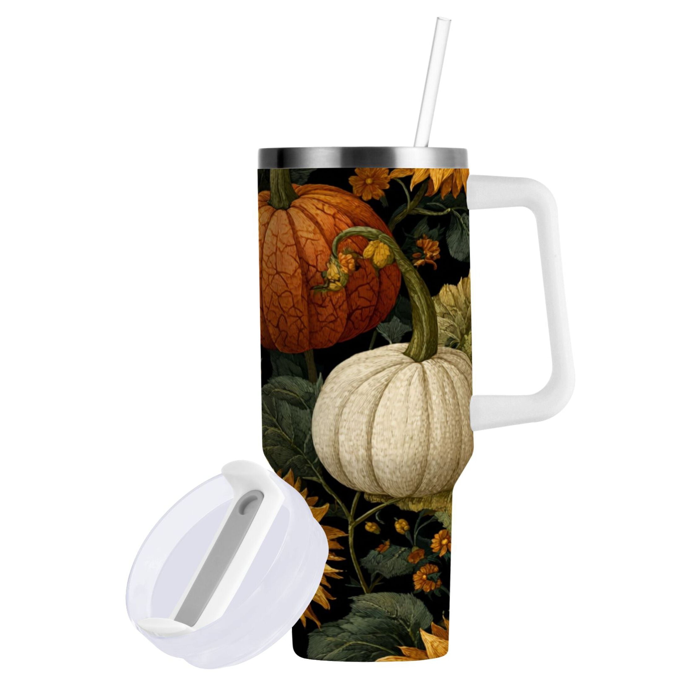 40 oz Insulated Stainless Steel Tumbler Double Wall Stainless Steel Tumbler with 2-Way Drinking Pumpkins and Sunflowers Pattern M2I1