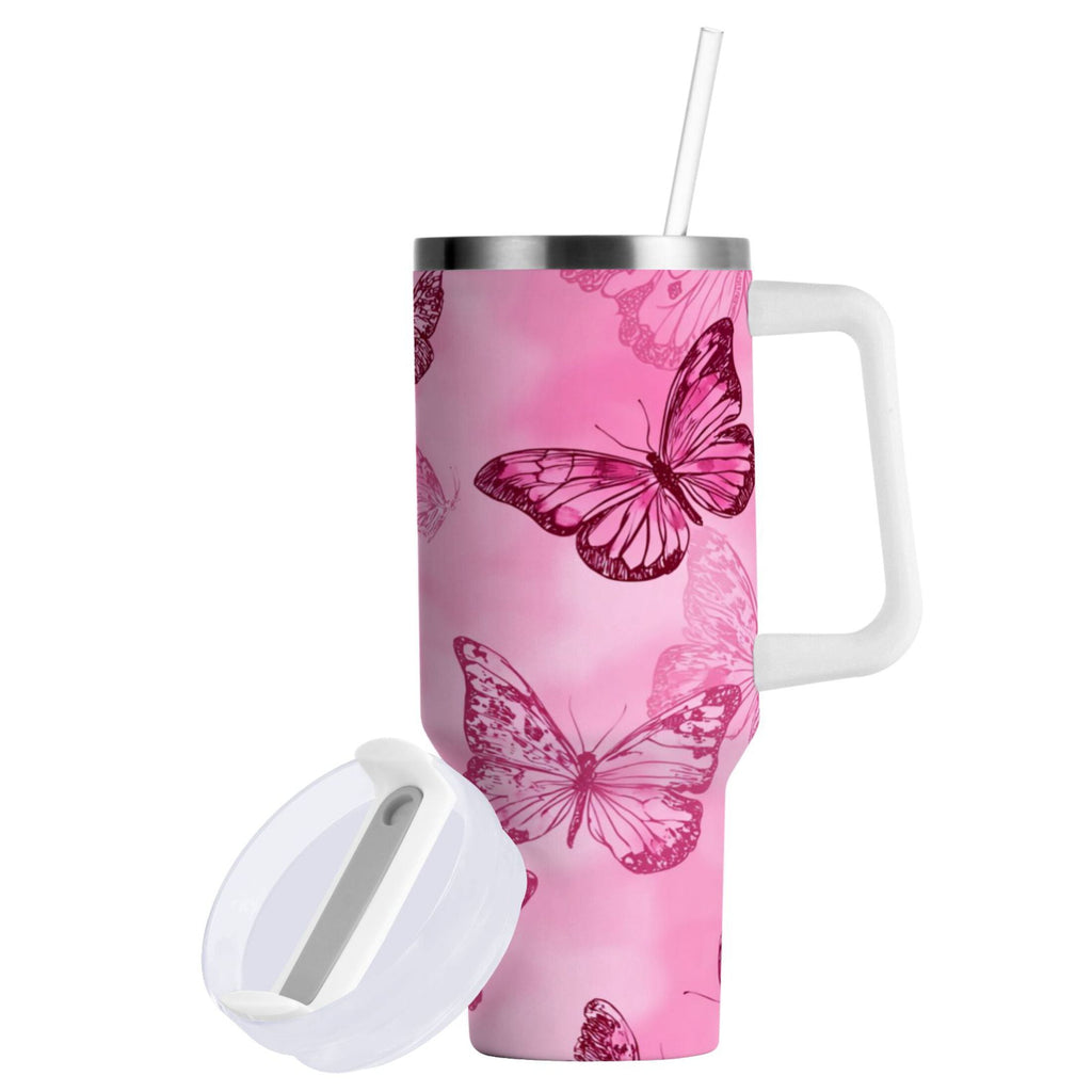 40 oz Insulated Stainless Steel Tumbler Double Wall Stainless Steel Tumbler with 2-Way Drinking Pink Butterfly Pattern SLZ4