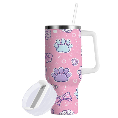 30 oz Insulated Stainless Steel Tumbler Double Wall Stainless Steel Tumbler with 2-Way Drinking Dog Paw Prints and Bows 8OH8