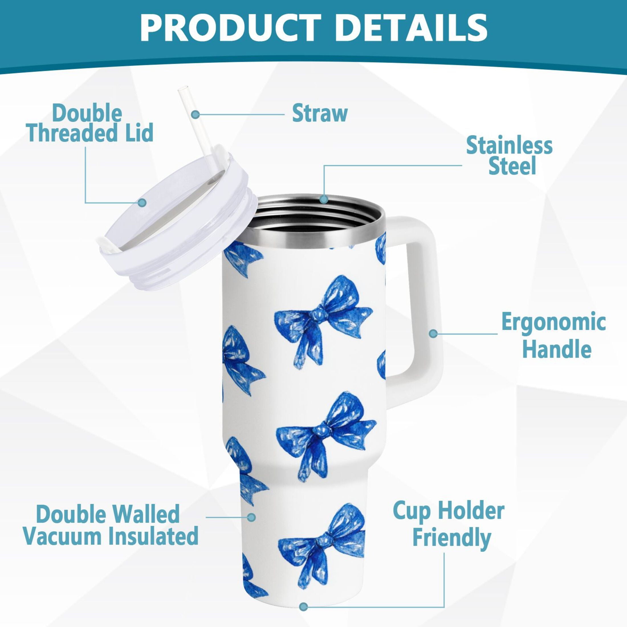 30 oz Insulated Stainless Steel Tumbler Double Wall Stainless Steel Tumbler with 2-Way Drinking Blue Bows Pattern KPPX