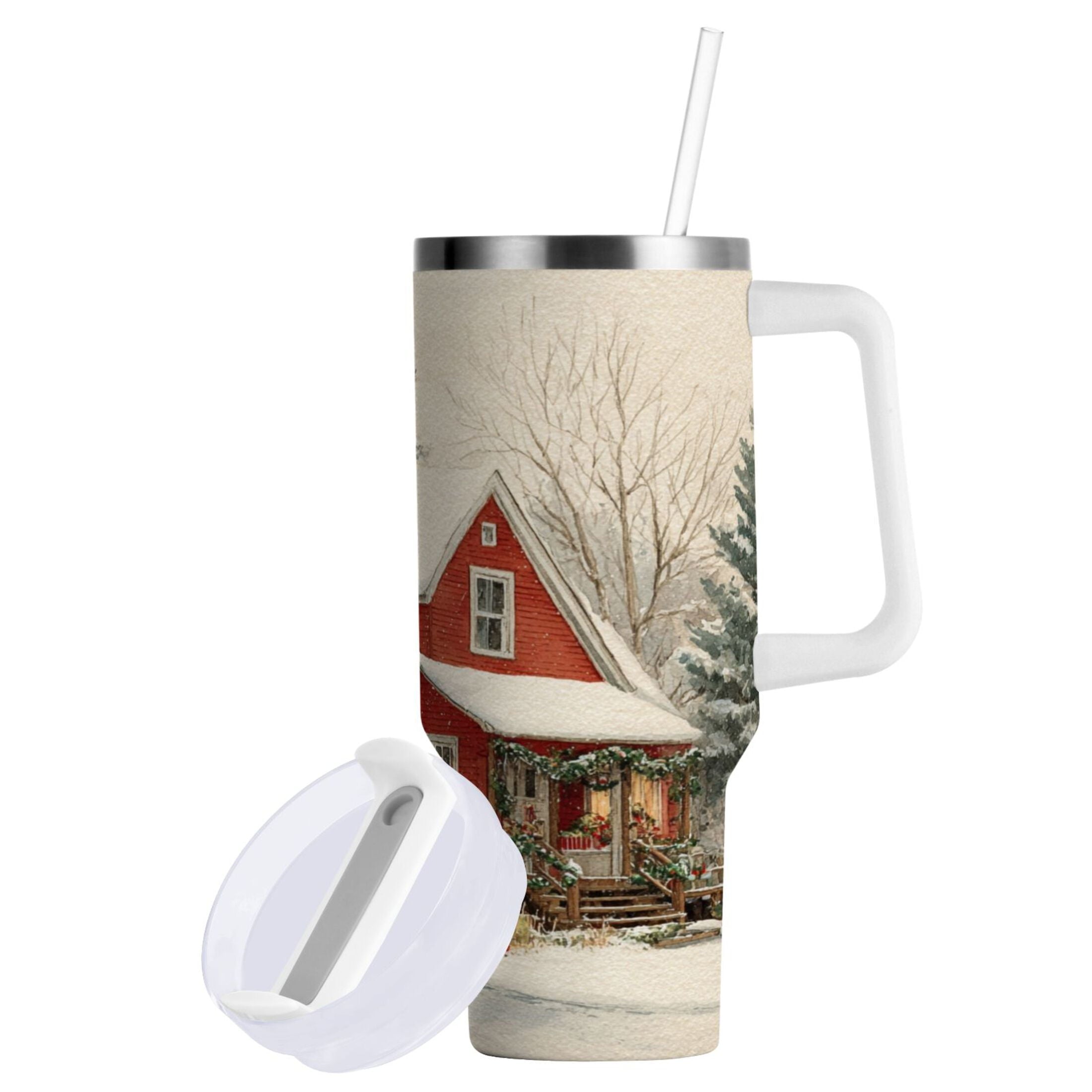 40 oz Insulated Stainless Steel Tumbler Double Wall Stainless Steel Tumbler with 2-Way Drinking House with Snow-covered Roof GCBM