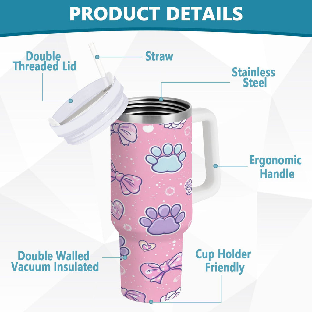 30 oz Insulated Stainless Steel Tumbler Double Wall Stainless Steel Tumbler with 2-Way Drinking Dog Paw Prints and Bows 8OH8