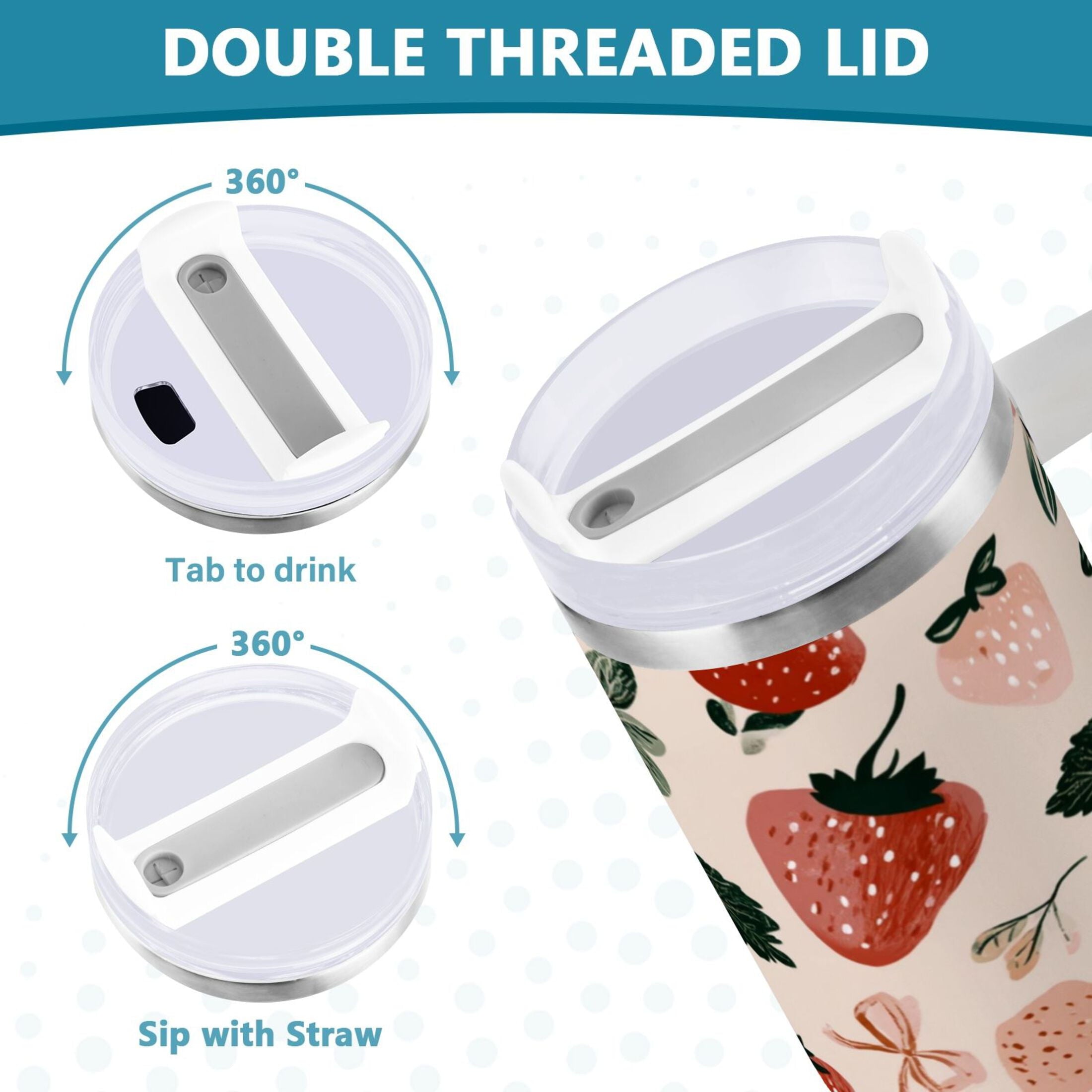 30 oz Insulated Stainless Steel Tumbler Double Wall Stainless Steel Tumbler with 2-Way Drinking Cute Pinks Strawberries PV8B