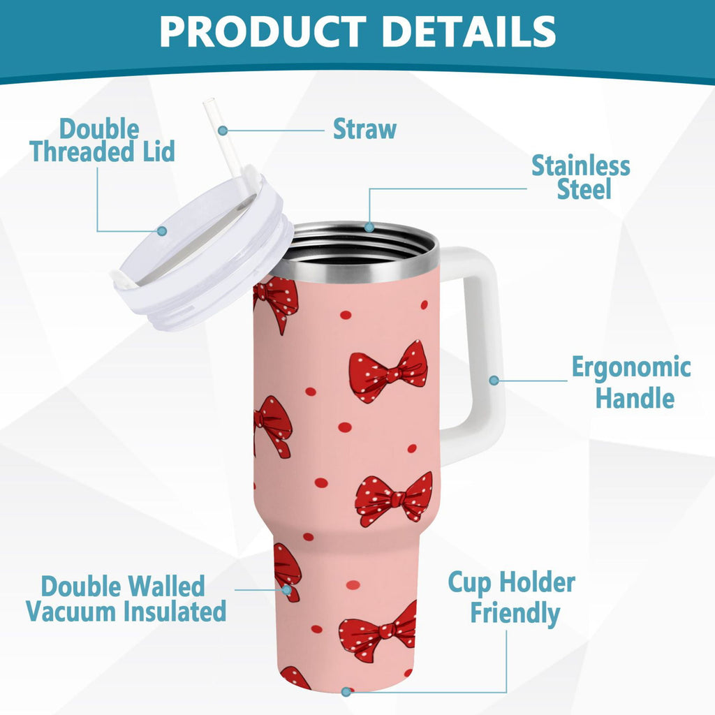 40 oz Insulated Stainless Steel Tumbler Double Wall Stainless Steel Tumbler with 2-Way Drinking Red Bows and Polka Dots MJAG