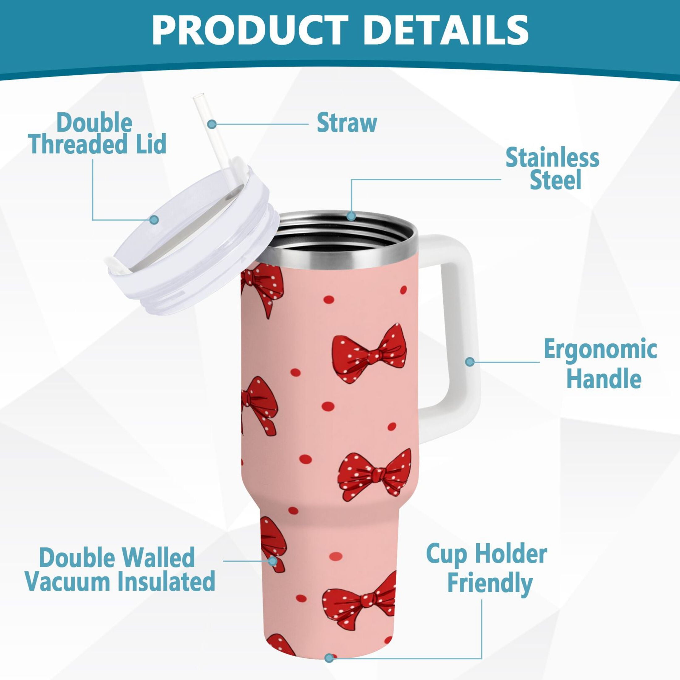 40 oz Insulated Stainless Steel Tumbler Double Wall Stainless Steel Tumbler with 2-Way Drinking Red Bows and Polka Dots MJAG