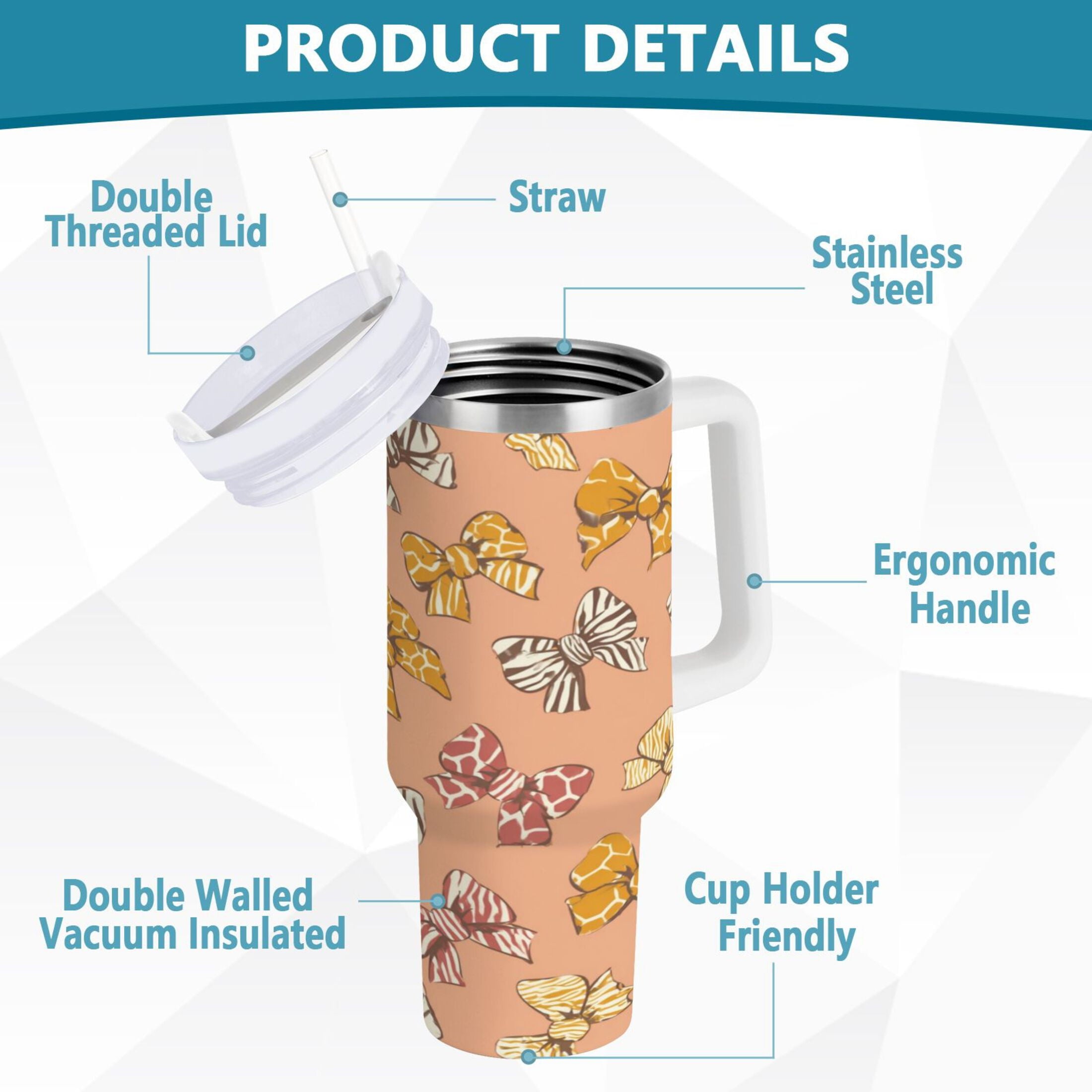 40 oz Insulated Stainless Steel Tumbler Double Wall Stainless Steel Tumbler with 2-Way Drinking Cute Animal Print Bows BOBH