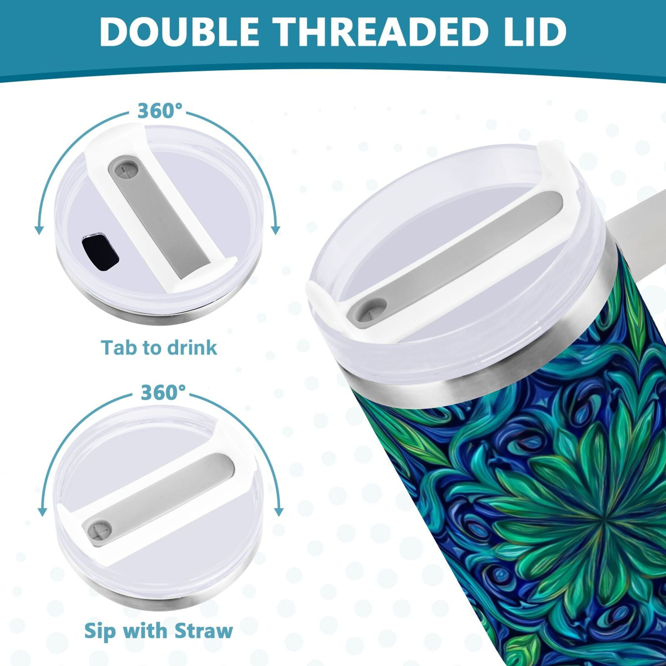 40 oz Insulated Stainless Steel Tumbler Double Wall Stainless Steel Tumbler with 2-Way Drinking Elegant Blue Traditional Patterns 7DF5