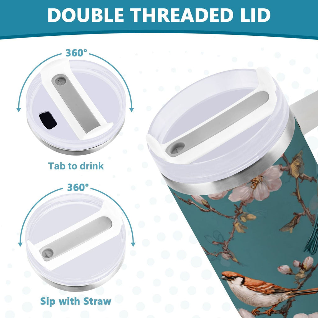 30 oz Insulated Stainless Steel Tumbler Double Wall Stainless Steel Tumbler with 2-Way Drinking Birds and Cherry Pattern S3GK