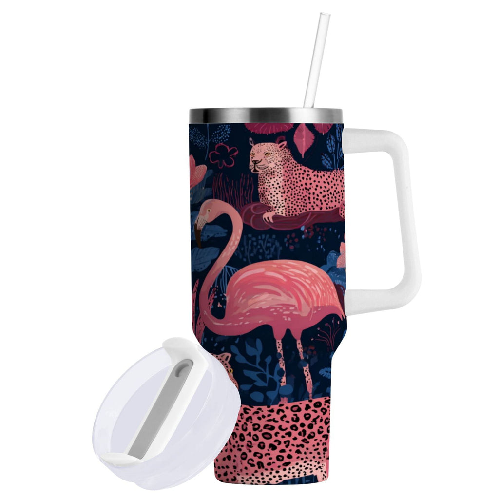 30 oz Insulated Stainless Steel Tumbler Double Wall Stainless Steel Tumbler with 2-Way Drinking Flamingos and Leopard Print UX3O