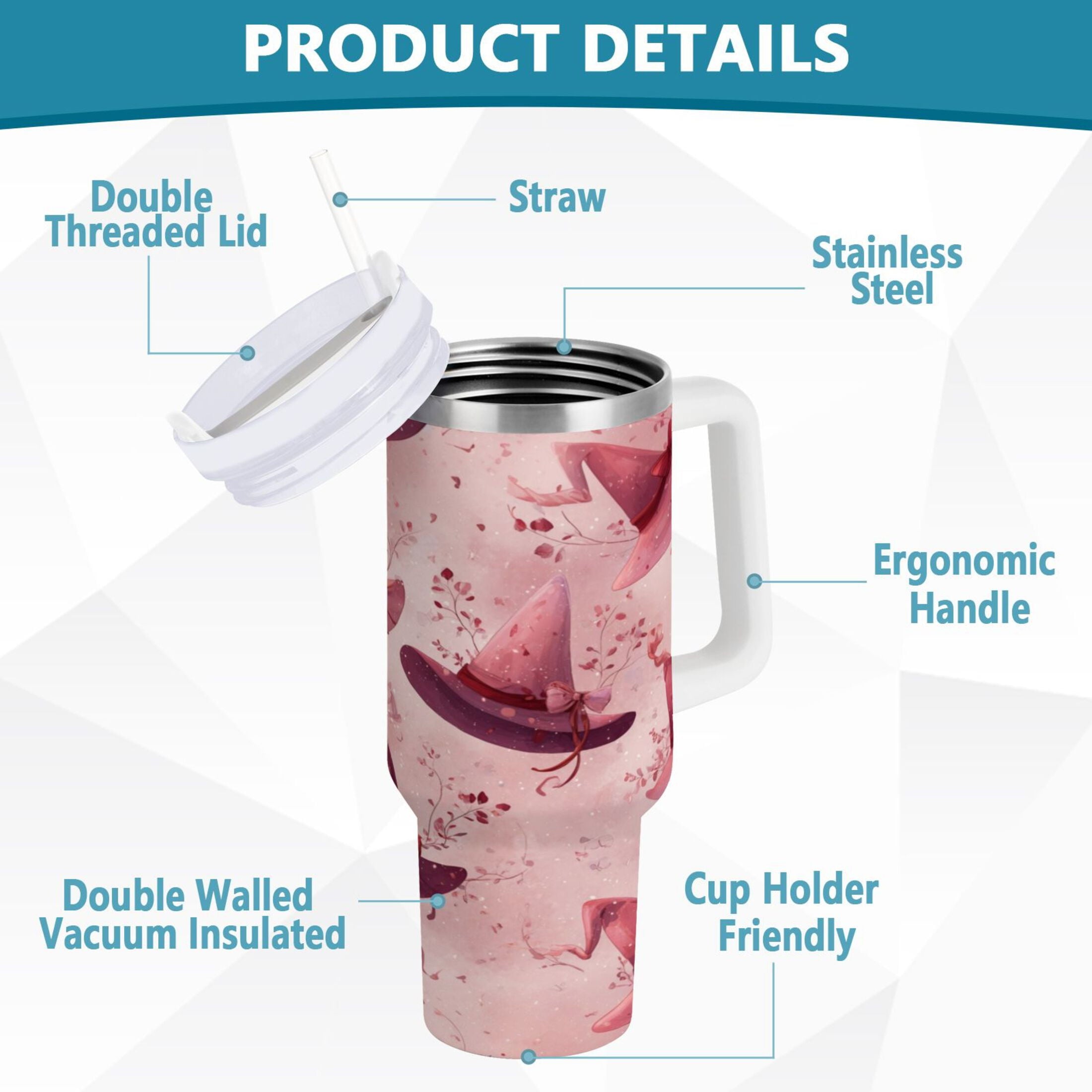 30 oz Insulated Stainless Steel Tumbler Double Wall Stainless Steel Tumbler with 2-Way Drinking Hats with Delicate Bows M2L6