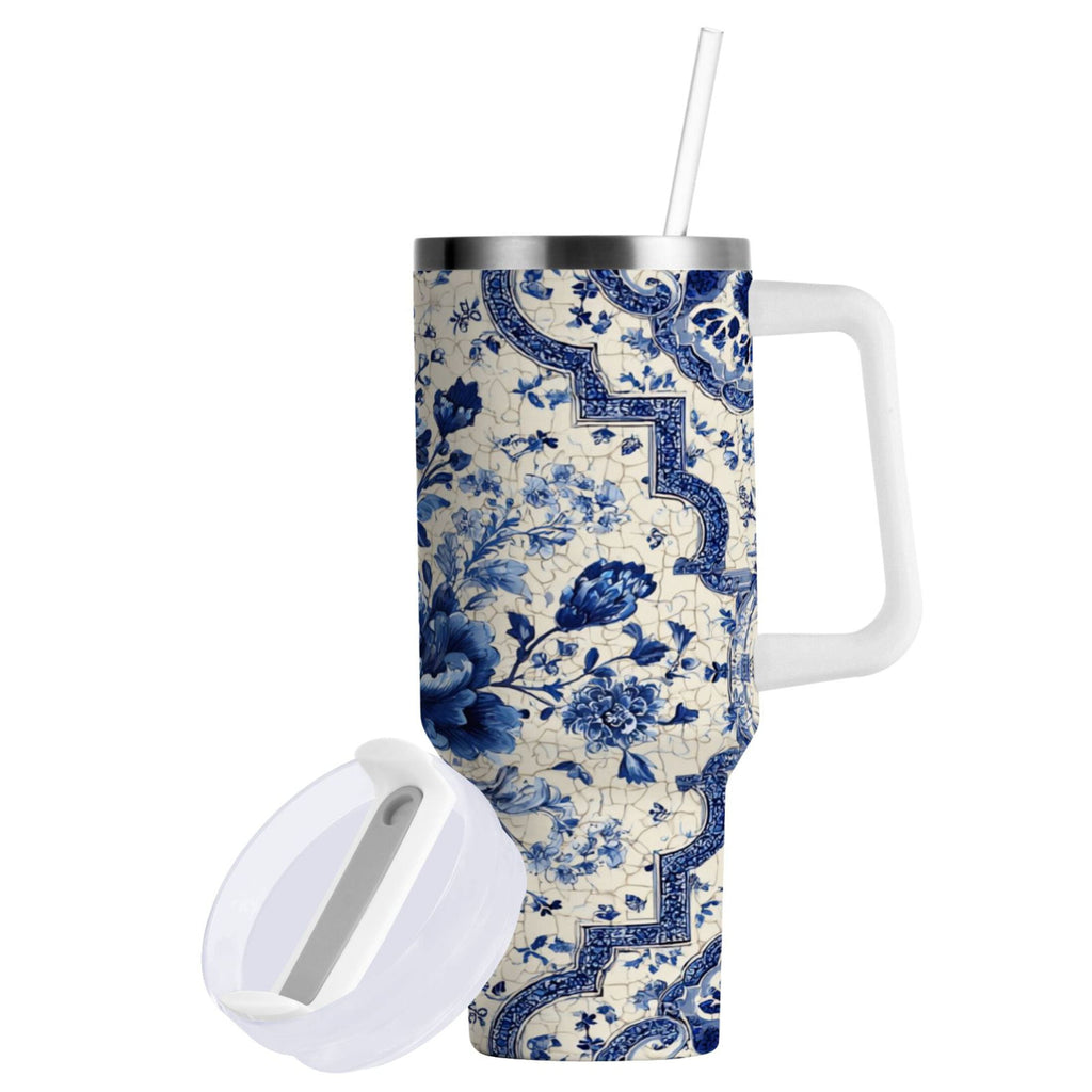 30 oz Insulated Stainless Steel Tumbler Double Wall Stainless Steel Tumbler with 2-Way Drinking Blue and White Porcelain-style 6G14