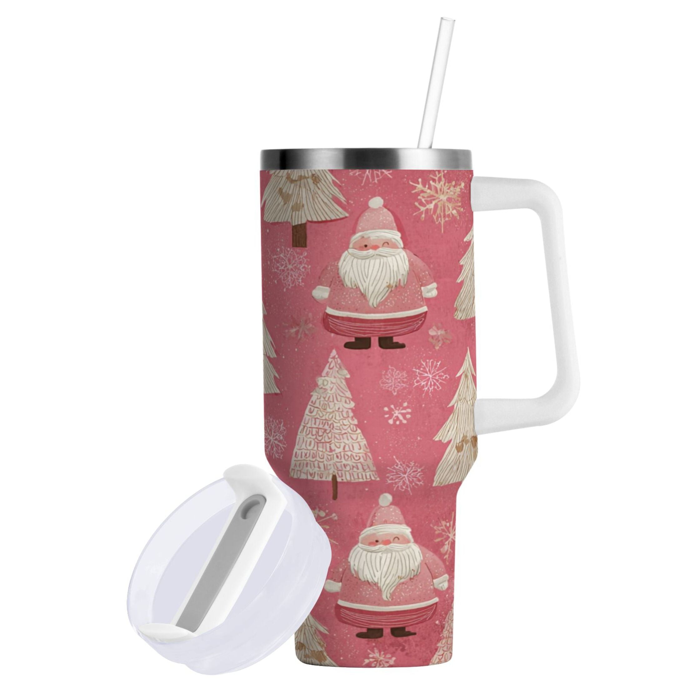 40 oz Insulated Stainless Steel Tumbler Double Wall Stainless Steel Tumbler with 2-Way Drinking Pink Santa Claus Pattern 4N9I