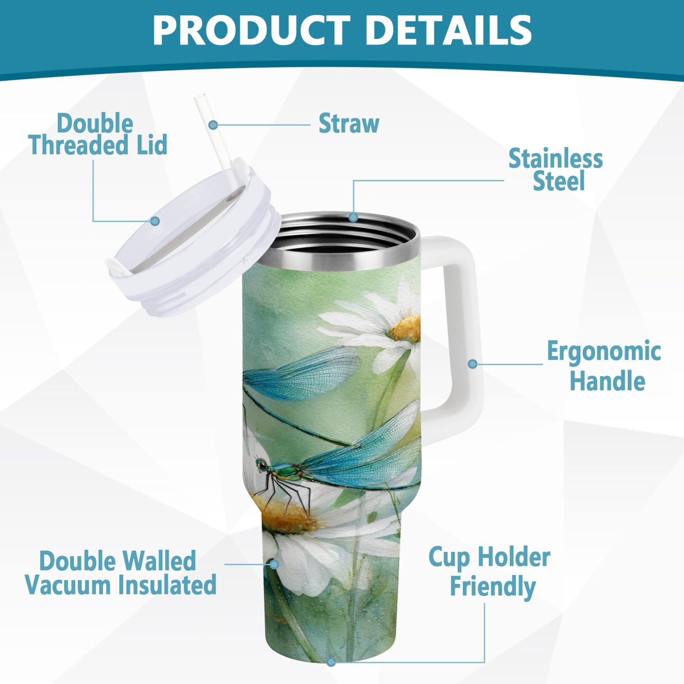 30 oz Insulated Stainless Steel Tumbler Double Wall Stainless Steel Tumbler with 2-Way Drinking Beautiful Dragonflies and Daisies SCEJ
