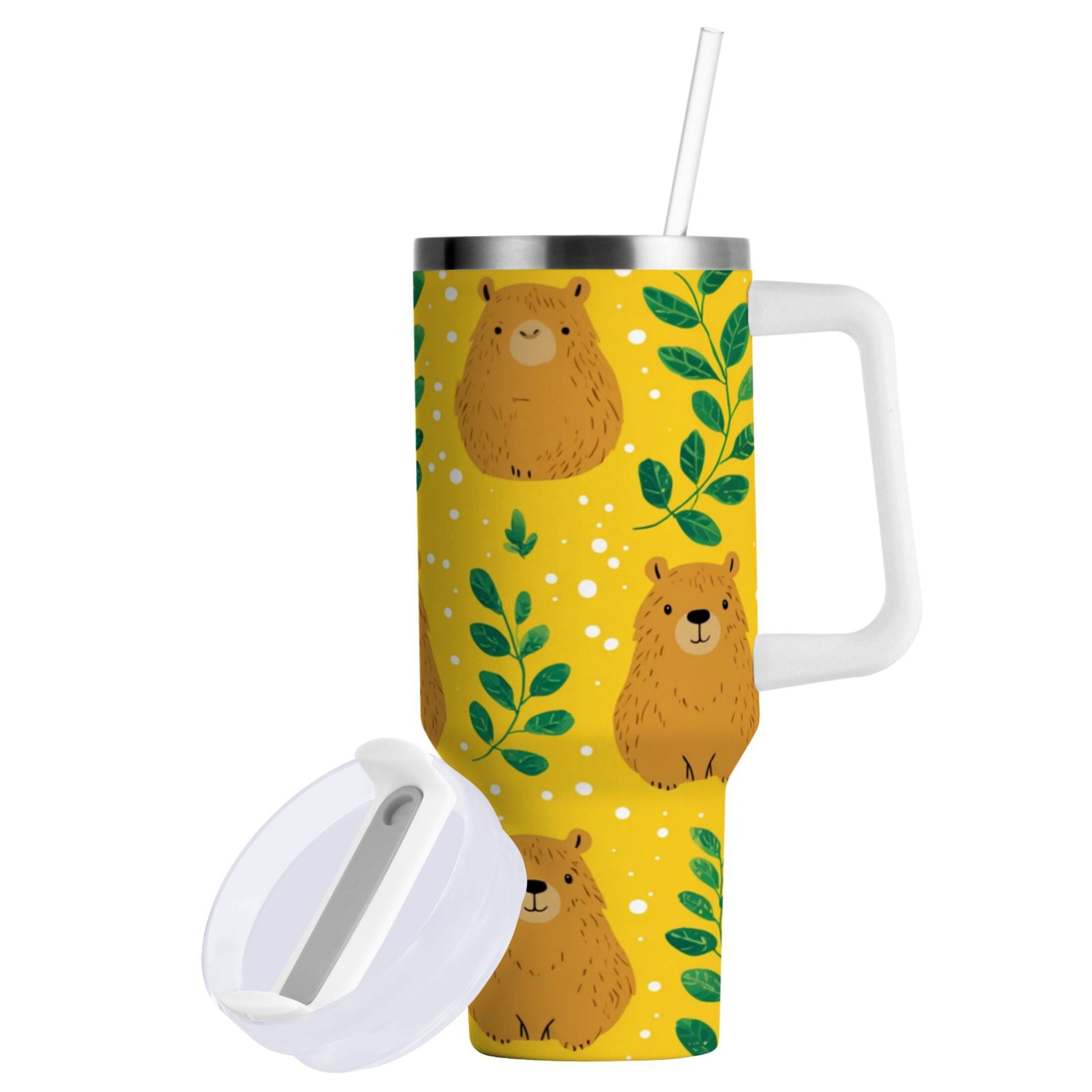 30 oz Insulated Stainless Steel Tumbler Double Wall Stainless Steel Tumbler with 2-Way Drinking Capybara and Green Leaves LZSI
