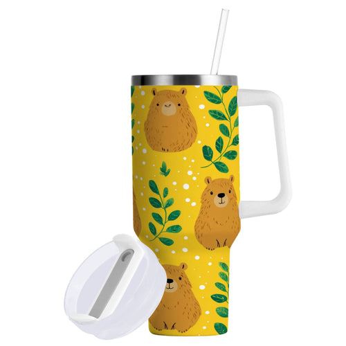 30 oz Insulated Stainless Steel Tumbler Double Wall Stainless Steel Tumbler with 2-Way Drinking Capybara and Green Leaves LZSI
