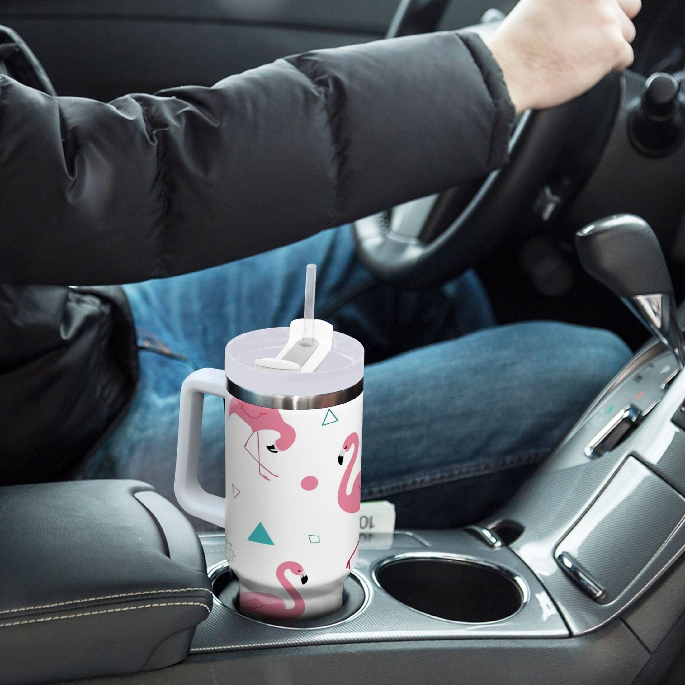 40 oz Insulated Stainless Steel Tumbler Double Wall Stainless Steel Tumbler with 2-Way Drinking Cute Flamingo Pattern GQ6Y