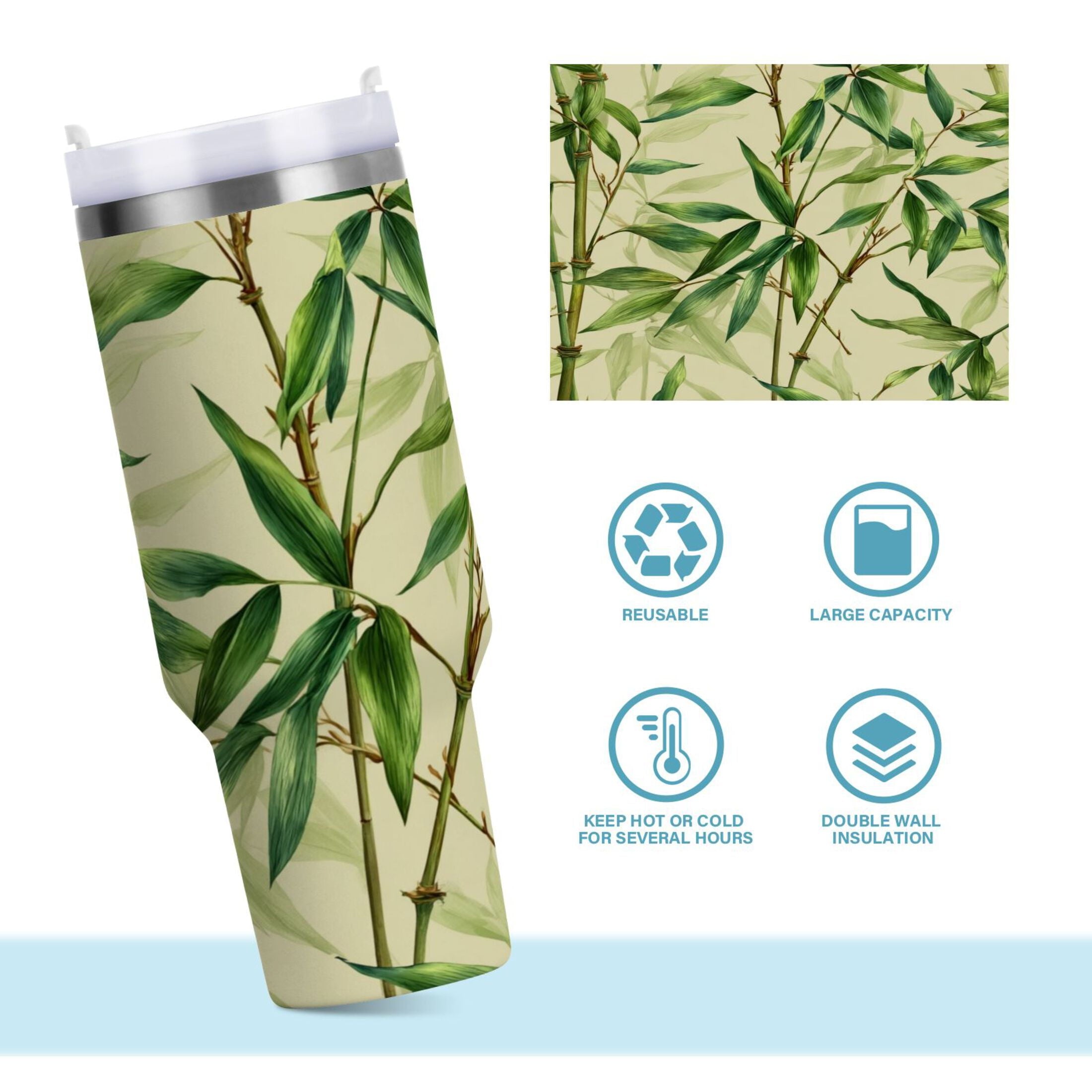 30 oz Insulated Stainless Steel Tumbler Double Wall Stainless Steel Tumbler with 2-Way Drinking Bamboo Pattern KC0H