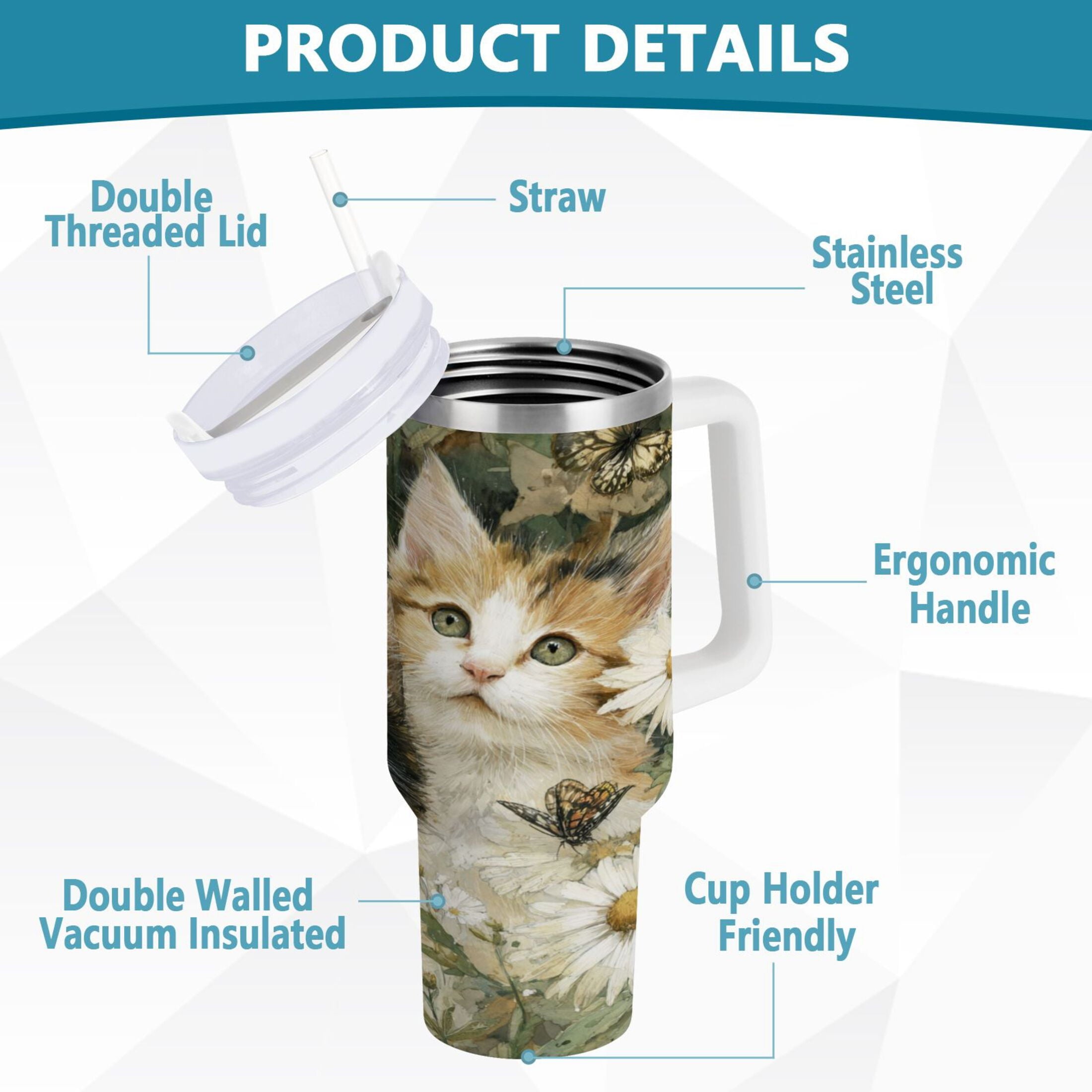 30 oz Insulated Stainless Steel Tumbler Double Wall Stainless Steel Tumbler with 2-Way Drinking Adorable Cats and Daisies 43FB