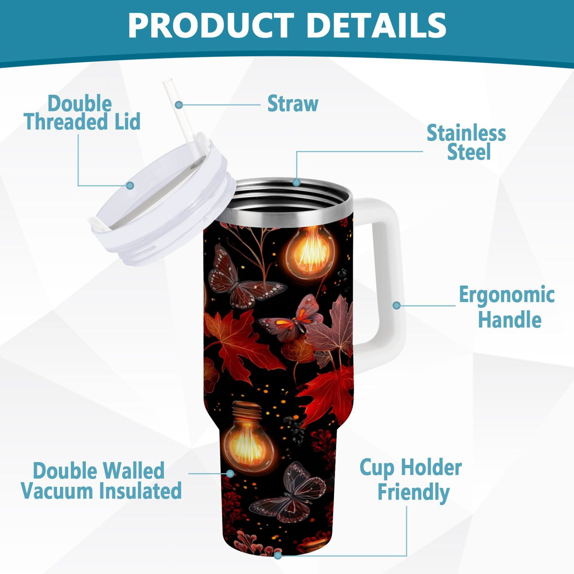 40 oz Insulated Stainless Steel Tumbler Double Wall Stainless Steel Tumbler with 2-Way Drinking Light Bulbs and Maple Leaves QSGM