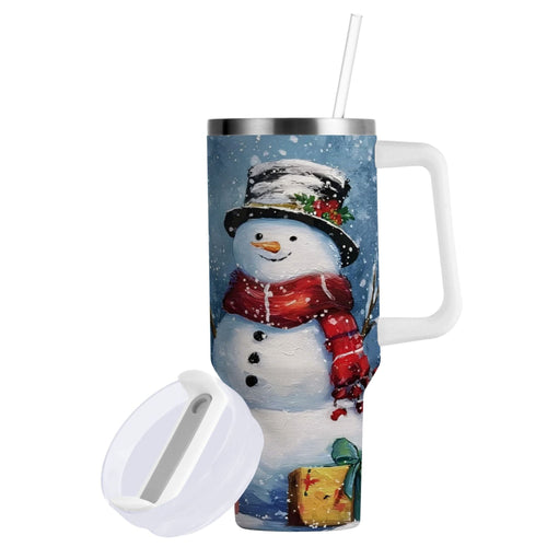 30 oz Insulated Stainless Steel Tumbler Double Wall Stainless Steel Tumbler with 2-Way Drinking Christmas Scene with Snowman QBTA