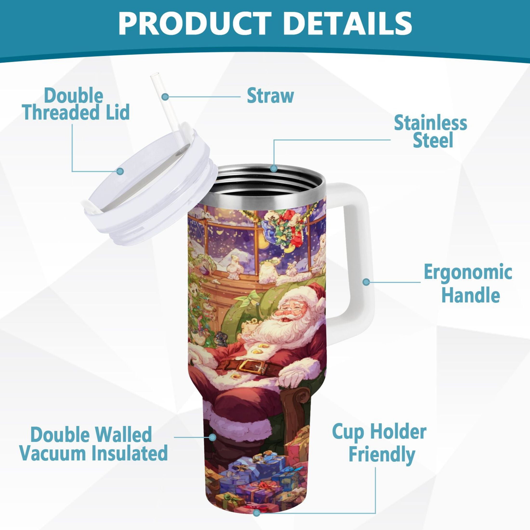 40 oz Insulated Stainless Steel Tumbler Double Wall Stainless Steel Tumbler with 2-Way Drinking Festive Christmas Scene S3AV