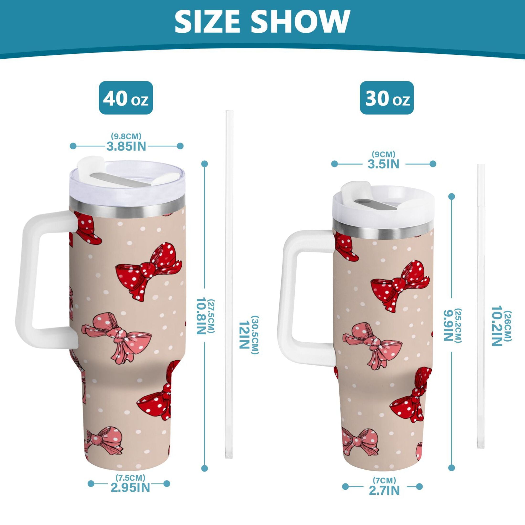 30 oz Insulated Stainless Steel Tumbler Double Wall Stainless Steel Tumbler with 2-Way Drinking Cute Red Bows Pattern 9ARD
