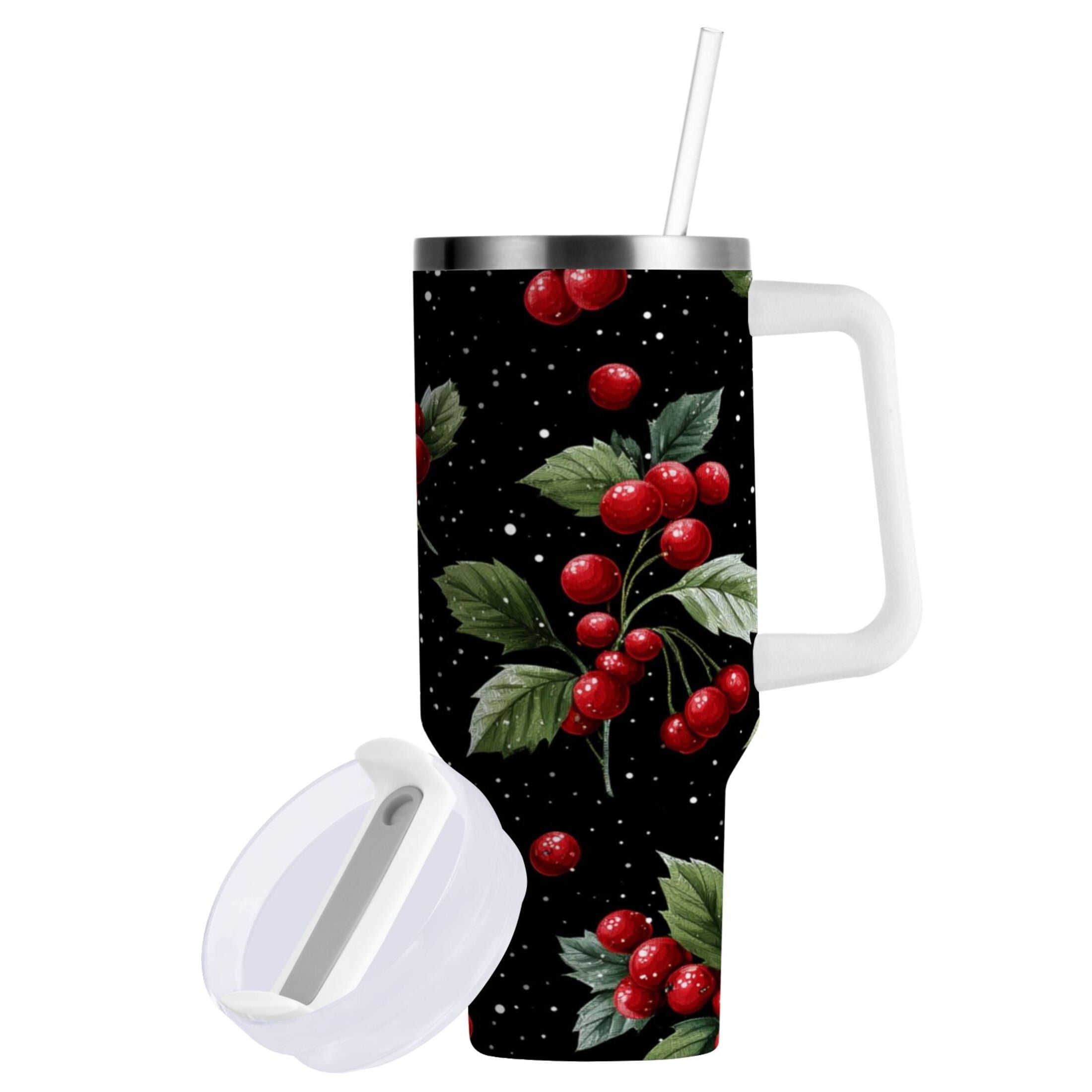40 oz Insulated Stainless Steel Tumbler Double Wall Stainless Steel Tumbler with 2-Way Drinking Red Holly Berries Pattern JL9Z