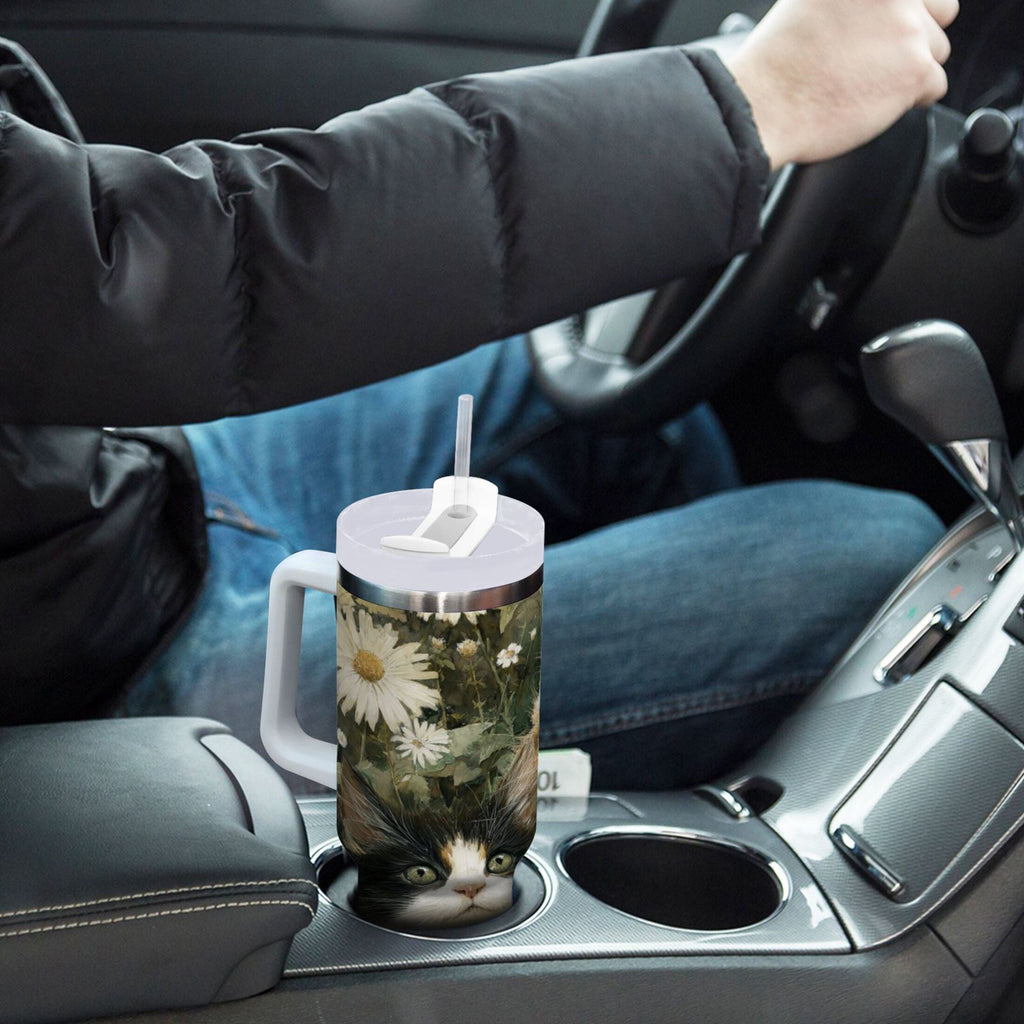 30 oz Insulated Stainless Steel Tumbler Double Wall Stainless Steel Tumbler with 2-Way Drinking Adorable Cats and Daisies 43FB