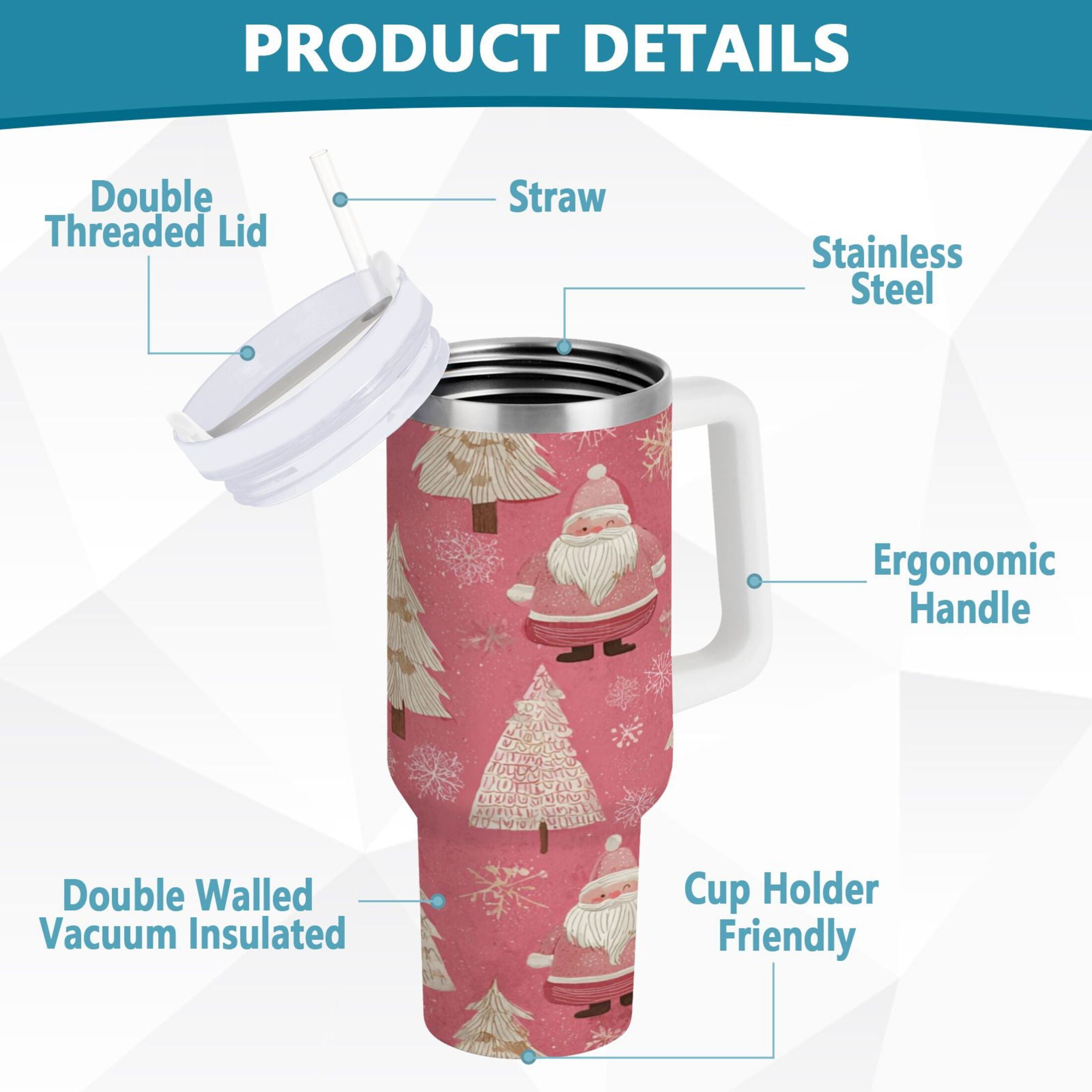 40 oz Insulated Stainless Steel Tumbler Double Wall Stainless Steel Tumbler with 2-Way Drinking Pink Santa Claus Pattern 4N9I