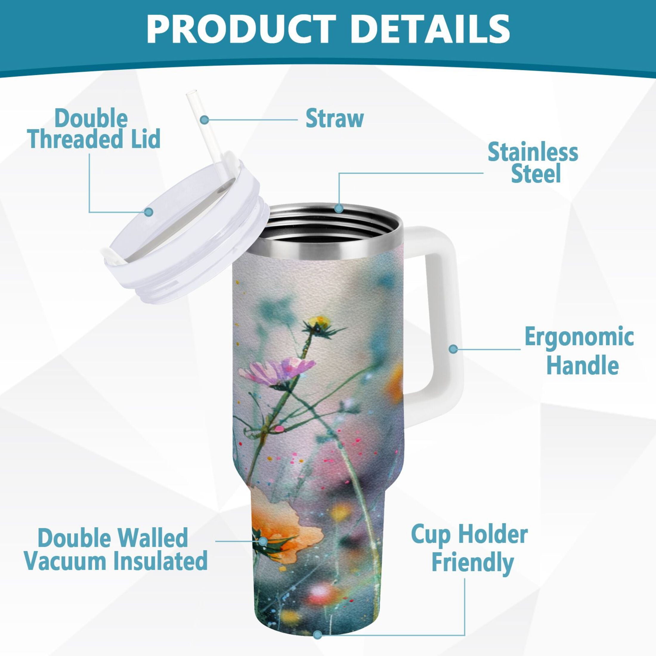 40 oz Insulated Stainless Steel Tumbler Double Wall Stainless Steel Tumbler with 2-Way Drinking Abstract Wildflowers 1CT7