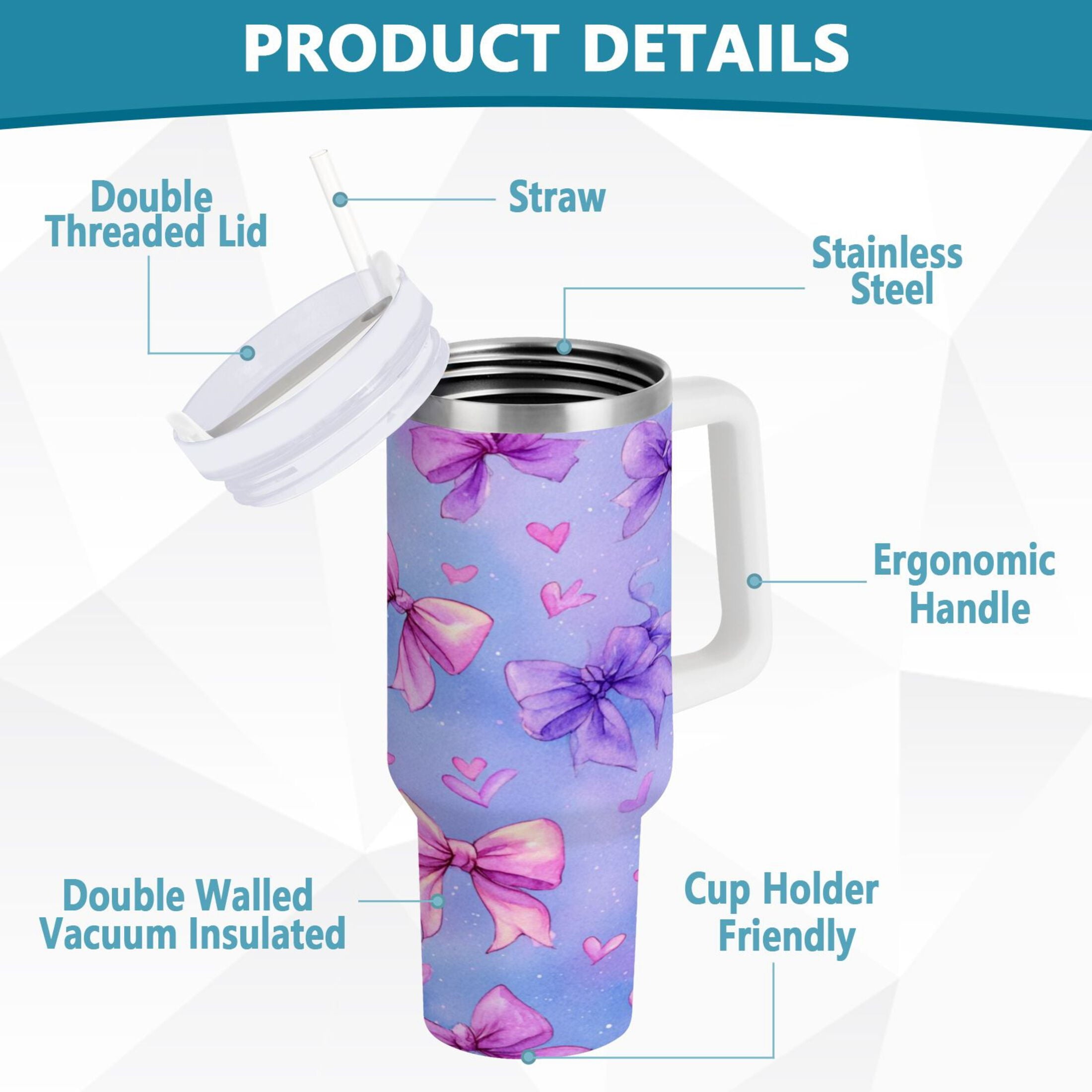 30 oz Insulated Stainless Steel Tumbler Double Wall Stainless Steel Tumbler with 2-Way Drinking Watercolor Bows Pattern CILF
