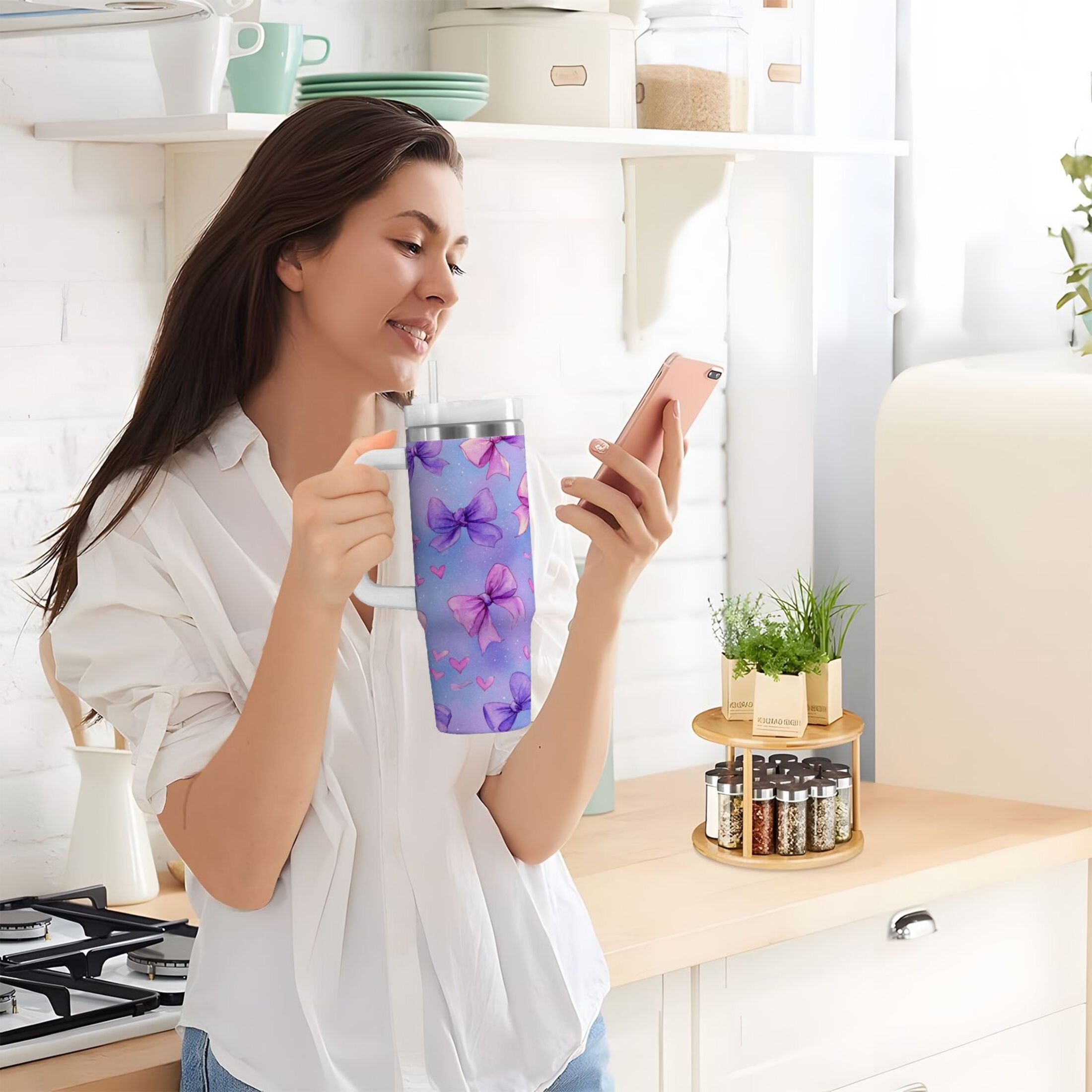 30 oz Insulated Stainless Steel Tumbler Double Wall Stainless Steel Tumbler with 2-Way Drinking Watercolor Bows Pattern CILF