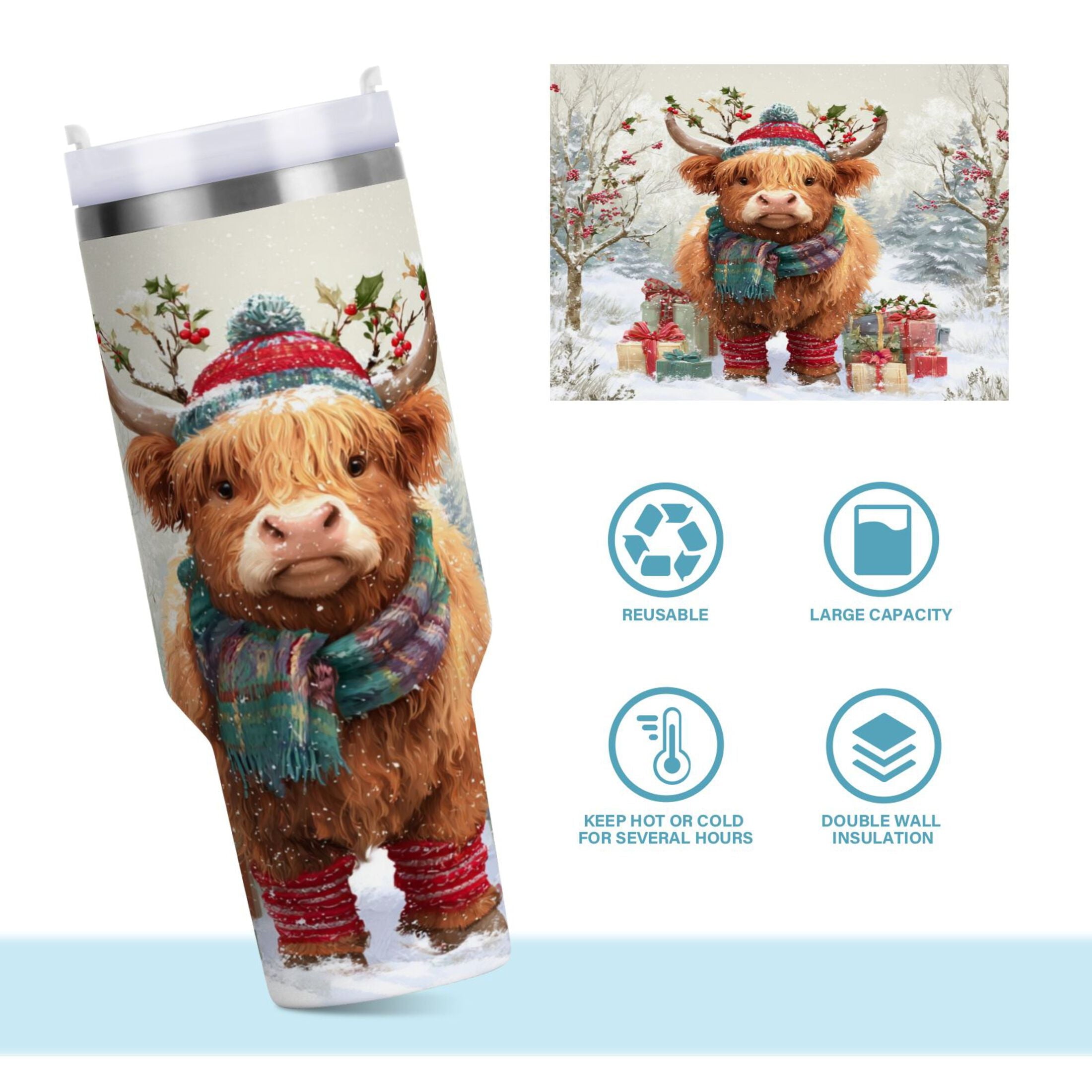 30 oz Insulated Stainless Steel Tumbler Double Wall Stainless Steel Tumbler with 2-Way Drinking Cow Wearing Christmas Hat KAB7