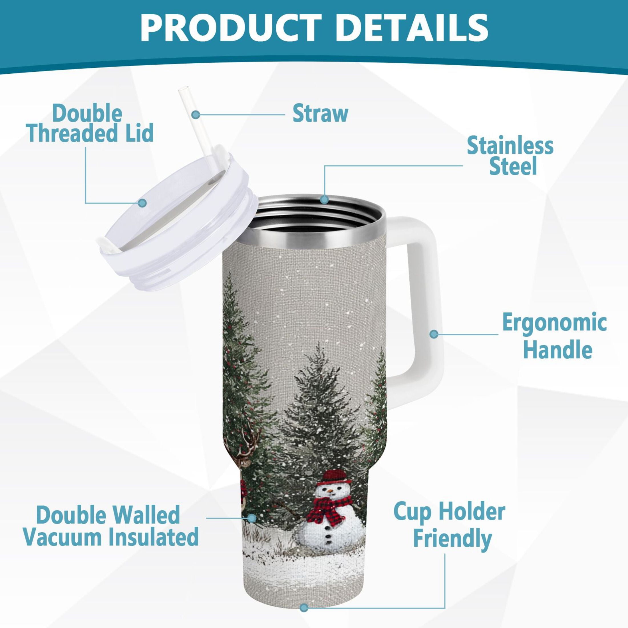 30 oz Insulated Stainless Steel Tumbler Double Wall Stainless Steel Tumbler with 2-Way Drinking Christmas Deer and Snowmen AECN